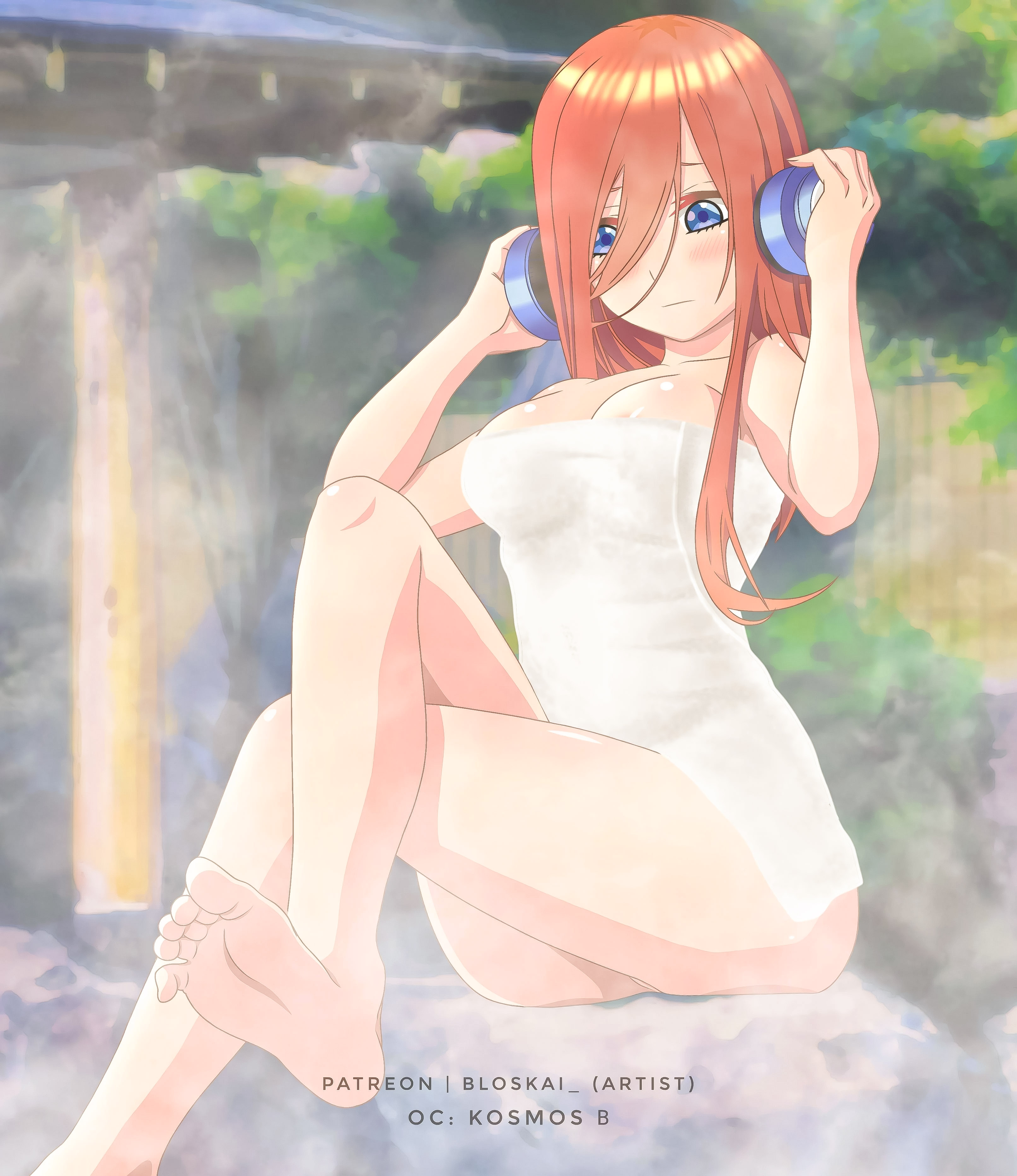 1girls, bare legs, barefoot, bloskai, blue eyes, brown hair, female, go-toubun no hanayome, hot spring, kosmos beta, nakano miku, towel