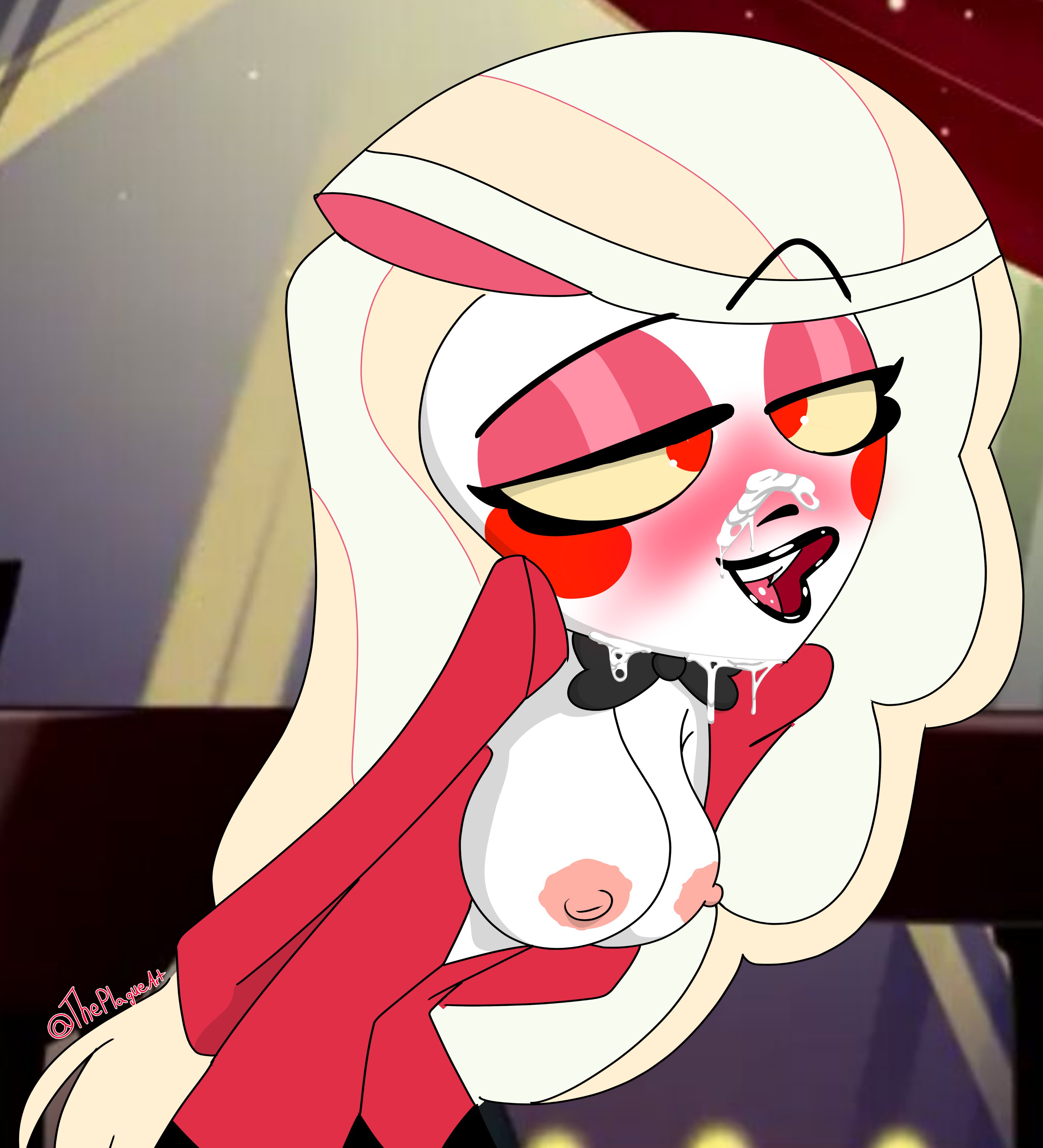 1girls, areolae, blonde hair, blush, blushing, breasts, charlie morningstar (hazbin hotel), cum, cum on face, demon, demon girl, exposed breasts, facial, female, hazbin hotel, huge breasts, light skin, light-skinned female, long hair, nipples, pale skin, pale-skinned female, solo, straight hair, theplagueart