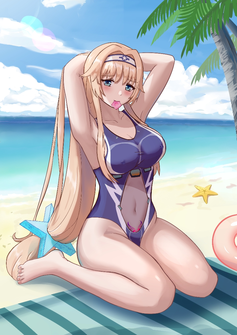 1girls aqua_eyes armpits arms_behind_head arms_up beach beach_towel blonde_hair blue_one-piece_swimsuit blue_sky breasts casual_one-piece_swimsuit cloud condom condom_in_mouth condom_wrapper covered_navel day enterprise_(warship_girls_r) female female female_only hair_ornament heart heart_tattoo large_breasts long_hair low-tied_long_hair mouth_hold ocean one-piece_swimsuit outdoors palm_tree pubic_tattoo pubic_tattoo_through_clothing sidelocks sitting sky solo star_(symbol) star_hair_ornament stomach_tattoo swimsuit tattoo towel tree user_gztx5723 very_long_hair wariza warship_girls_r