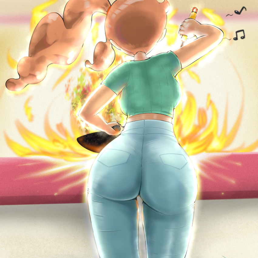 1girls ass ass_focus back_view breasts butt_focus cooking creatures_(company) denim denim_bottomwear denim_clothing denim_jeans female female_focus female_only game_freak green_shirt highres human human_only jeans kitchen microsd_(artist) nintendo orange_hair pants pokemon pokemon_(game) pokemon_ss ponytail ribbed_shirt shirt short_sleeves side_ponytail singing sole_female solo solo_female solo_focus sonia_(pokemon) tight_pants whistle whistling