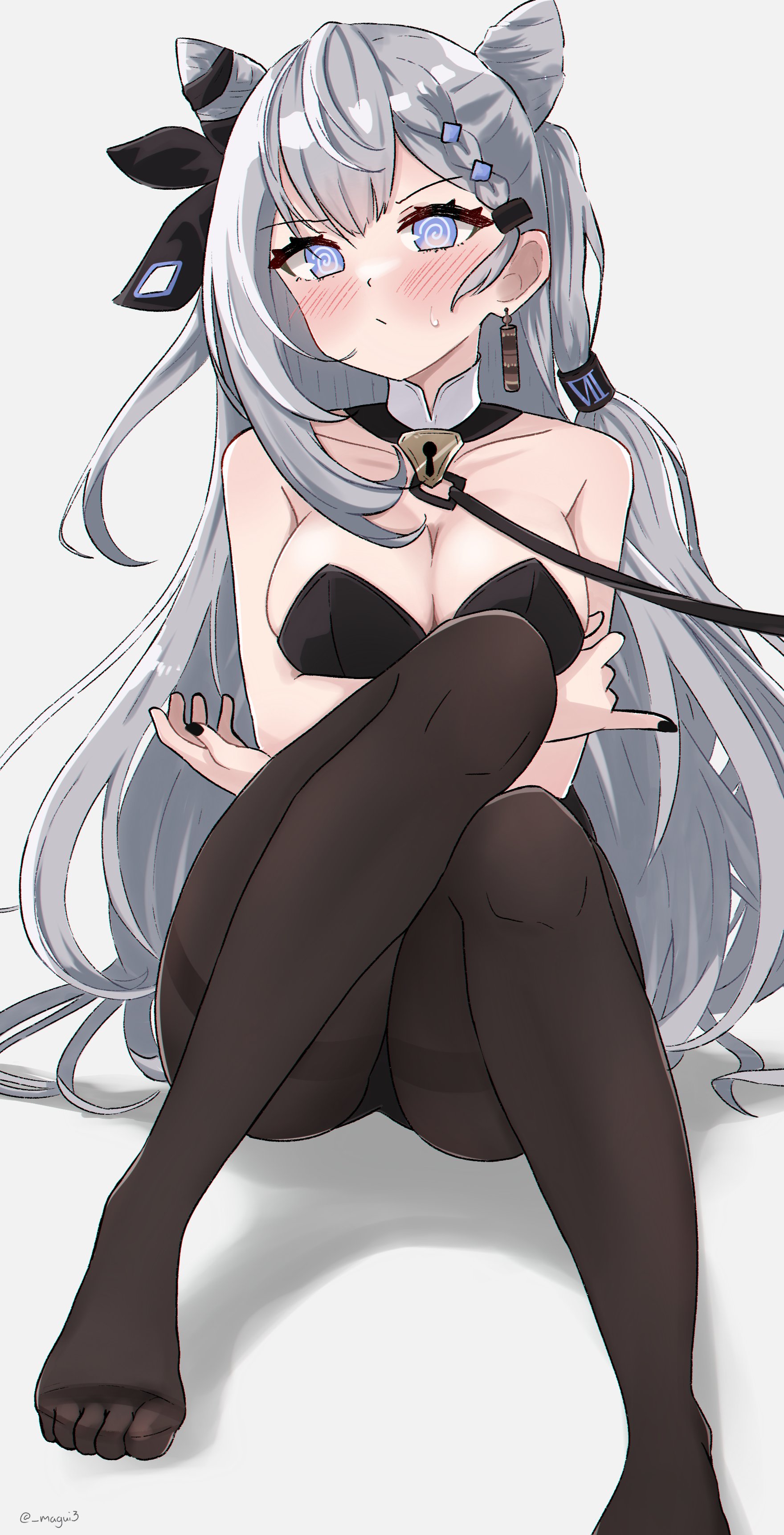 @ @, 1girls, artist name, big breasts, blue eyes, blush, breasts, bunnysuit, earrings, female, grey hair, hololive, hololive indonesia, hololive indonesia holoh3ro, leash, leggings, long hair, looking at viewer, magui3, nail polish, silver hair, simple background, solo, tights, twitter username, vestia zeta, virtual youtuber, white background