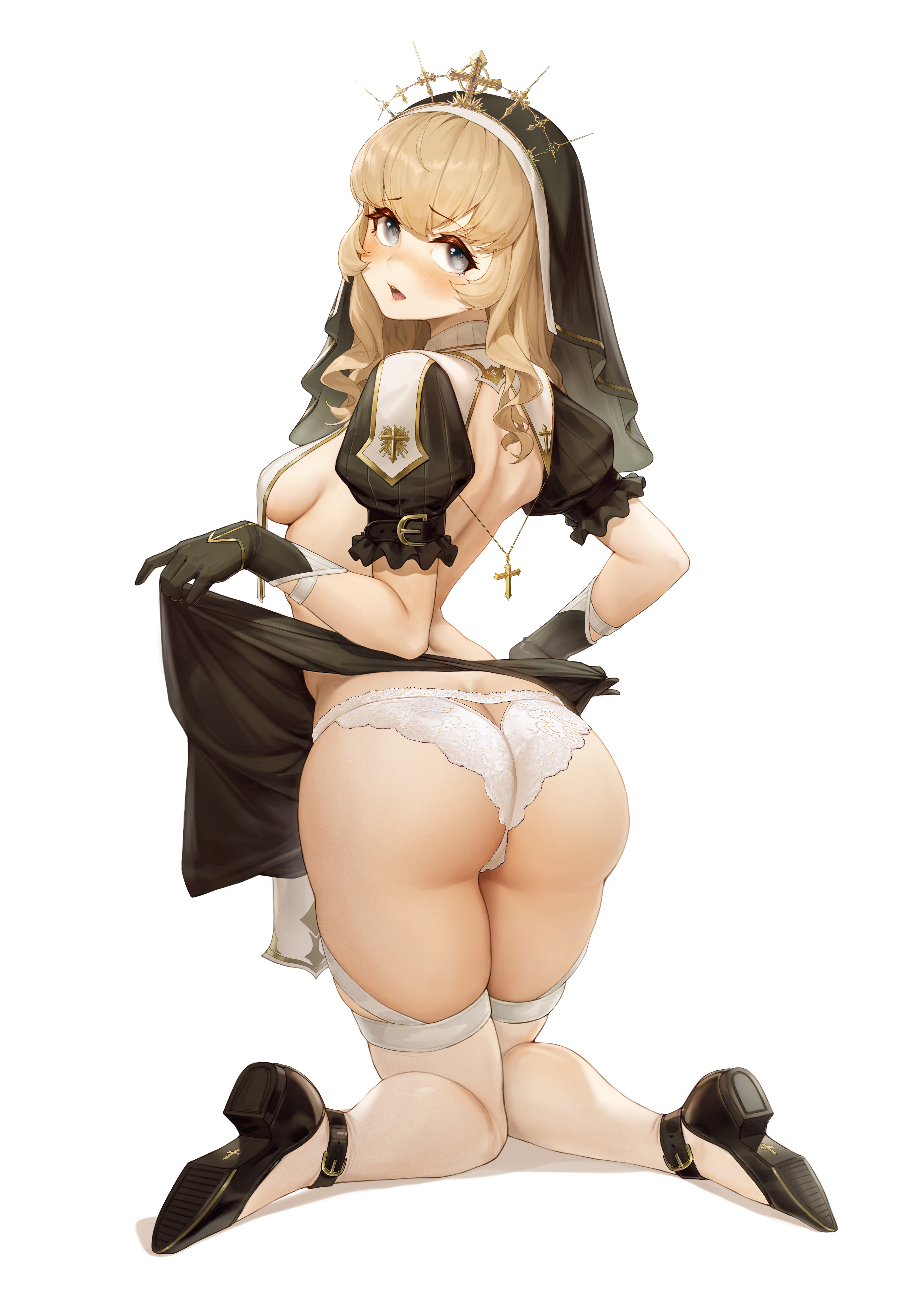 1girls, ass, ass cleavage, ass crack, big ass, blonde hair, blue eyes, blush, breasts, butt crack, cross, cross necklace, curvy, curvy female, curvy figure, fat ass, female, from behind, l ract, light skin, light-skinned female, lingerie, looking at viewer, nun, nun outfit, nun's habit, original, original character, panties, sideboob, small breasts, solo, thick thighs, veil