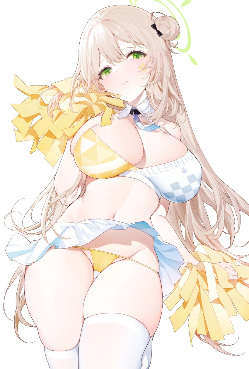 blonde hair, blue archive, cameltoe, cheerleader, cheerleader uniform, female, green eyes, long hair, millennium cheerleader outfit (blue archive), miyuki (miyuki0529), nonomi (blue archive), pussy, thick thighs, thighhighs