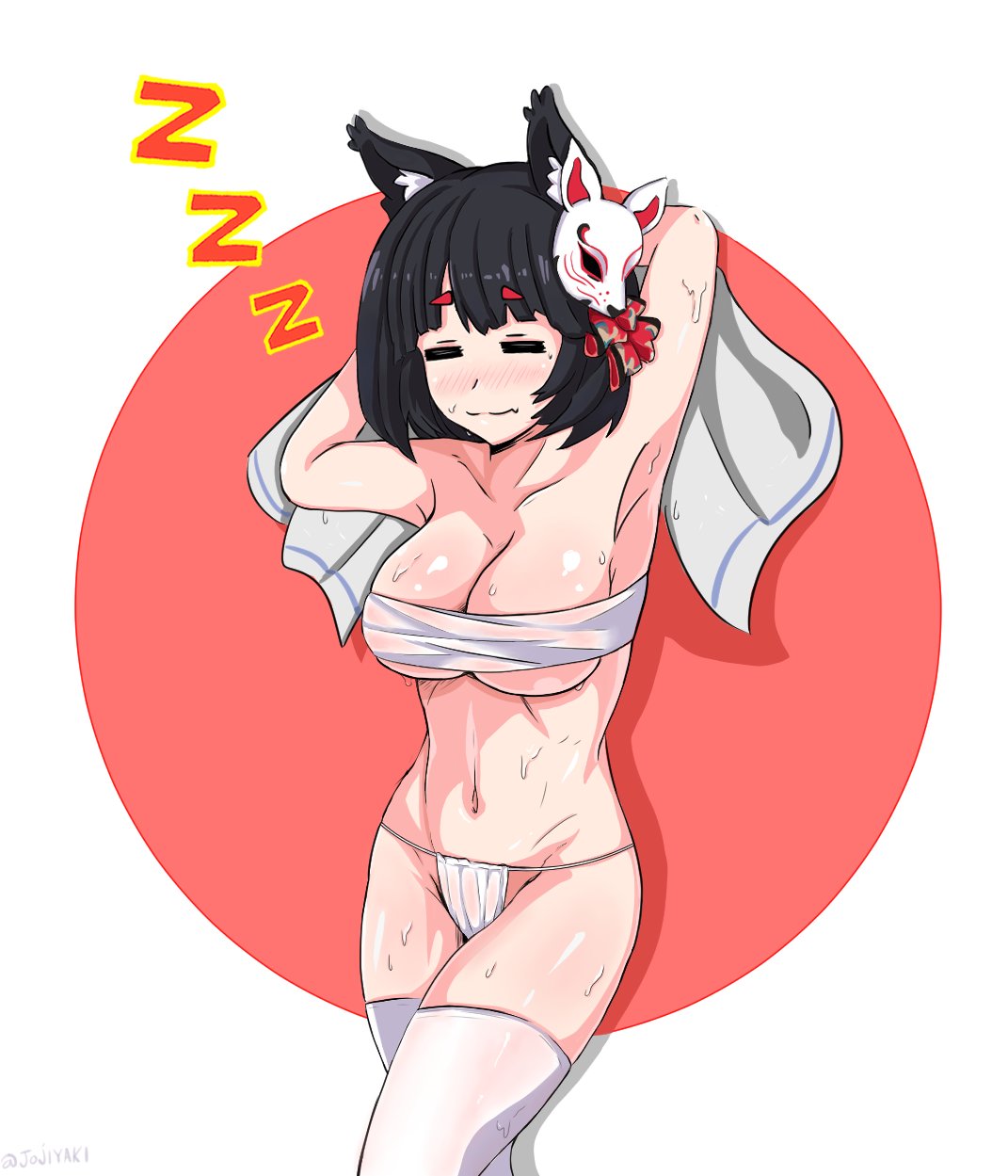 1girls azur_lane cleavage embarrassed female female_only jojiyaki kitsune light-skinned_female sleeping sweat thighhighs underboob yamashiro_(azur_lane) zzz