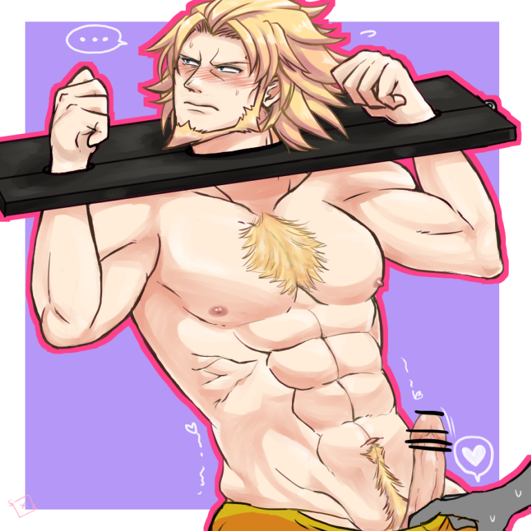 1boy 1other abs anonymous balls bar_censor bara beard blonde_hair blush boner chest_tuft disembodied_hand erection facial_hair guilty_gear hk_nh3cooh human leo_whitefang long_hair_male male male_nipples male_only male_pubic_hair muscles muscular_male pants_down pecs penis stocks topless