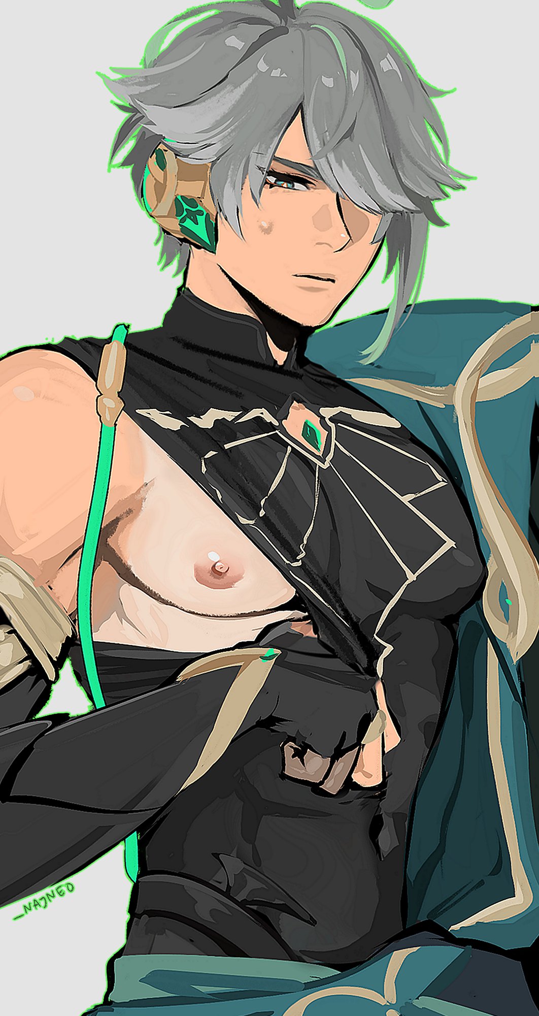 abs, alhaitham (genshin impact), breasts, cute male, genshin impact, grey hair, male, male only, muscles, muscular, muscular chest, muscular male, najneo, nipples, solo male, submissive