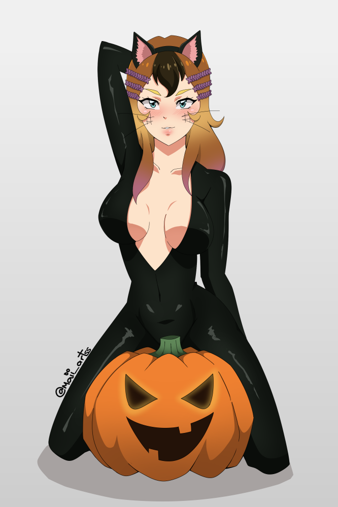 big_breasts commission hailey_(mr_deus_vult) halloween_costume maii_artss mr_deus_vult multicolored_hair on_knees original pumpkin