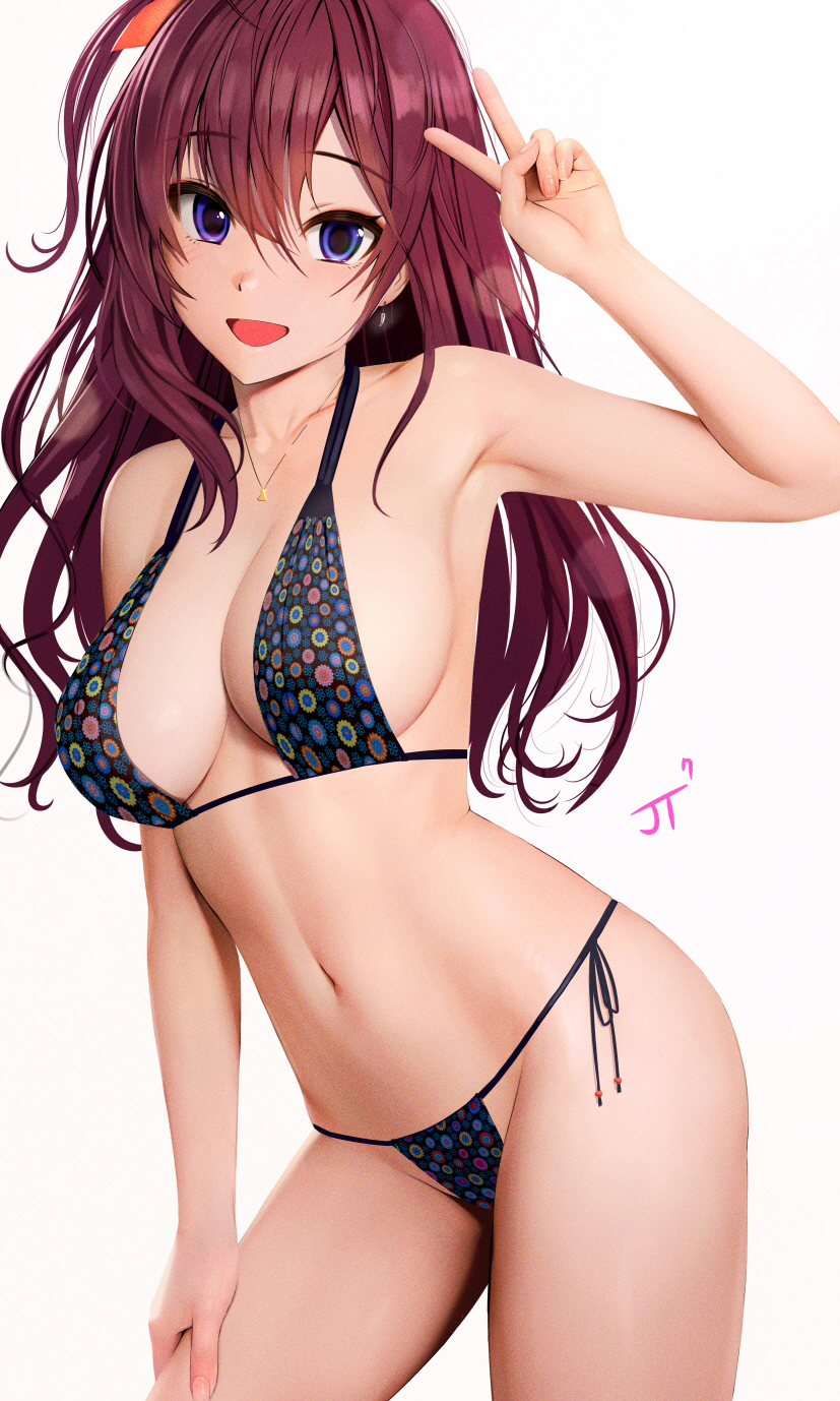 1girls, 2022, alternate version available, artist signature, bikini, blue eyes, breasts, cleavage, female, female only, hips, ichinose shiki, idolmaster, idolmaster cinderella girls, large breasts, long hair, looking at viewer, peace sign, rak (kuraga), red hair, redraw, side-tie bikini, simple background, slim waist, smile, thighs, white background