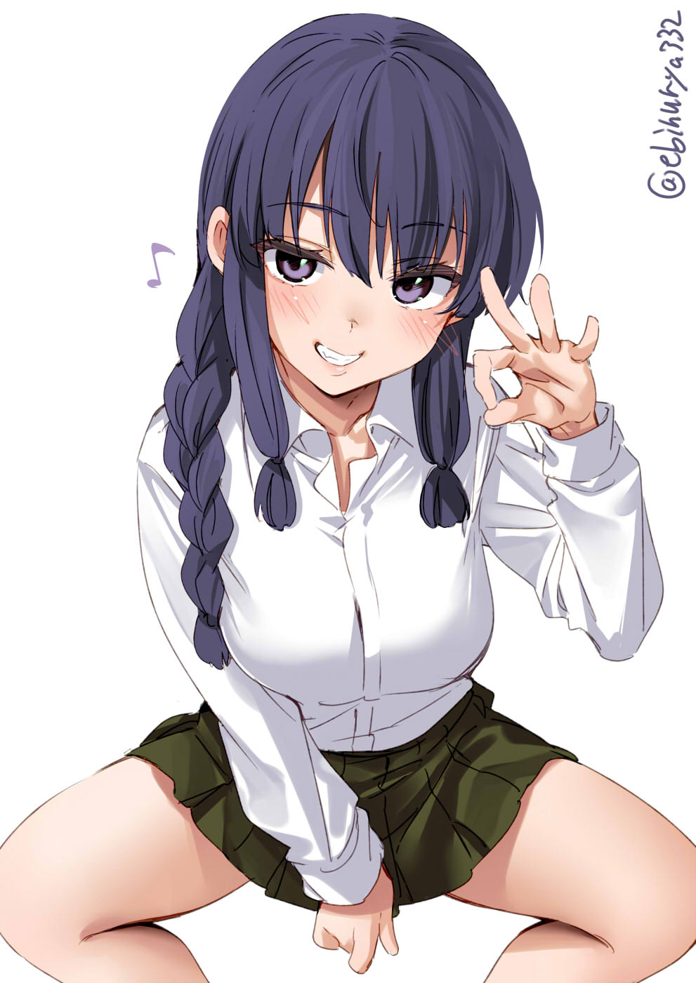 1girls, bangs, blush, breasts, collared shirt, ebifurya, fellatio gesture, female, female only, grin, highres, kantai collection, kitakami (kantai collection), light skin, light-skinned female, long hair, long sleeves, looking at viewer, ok sign, oral invitation, purple eyes, purple hair, shirt, simple background, sitting, skirt, smile, solo, teeth, thighs, twitter username, white background