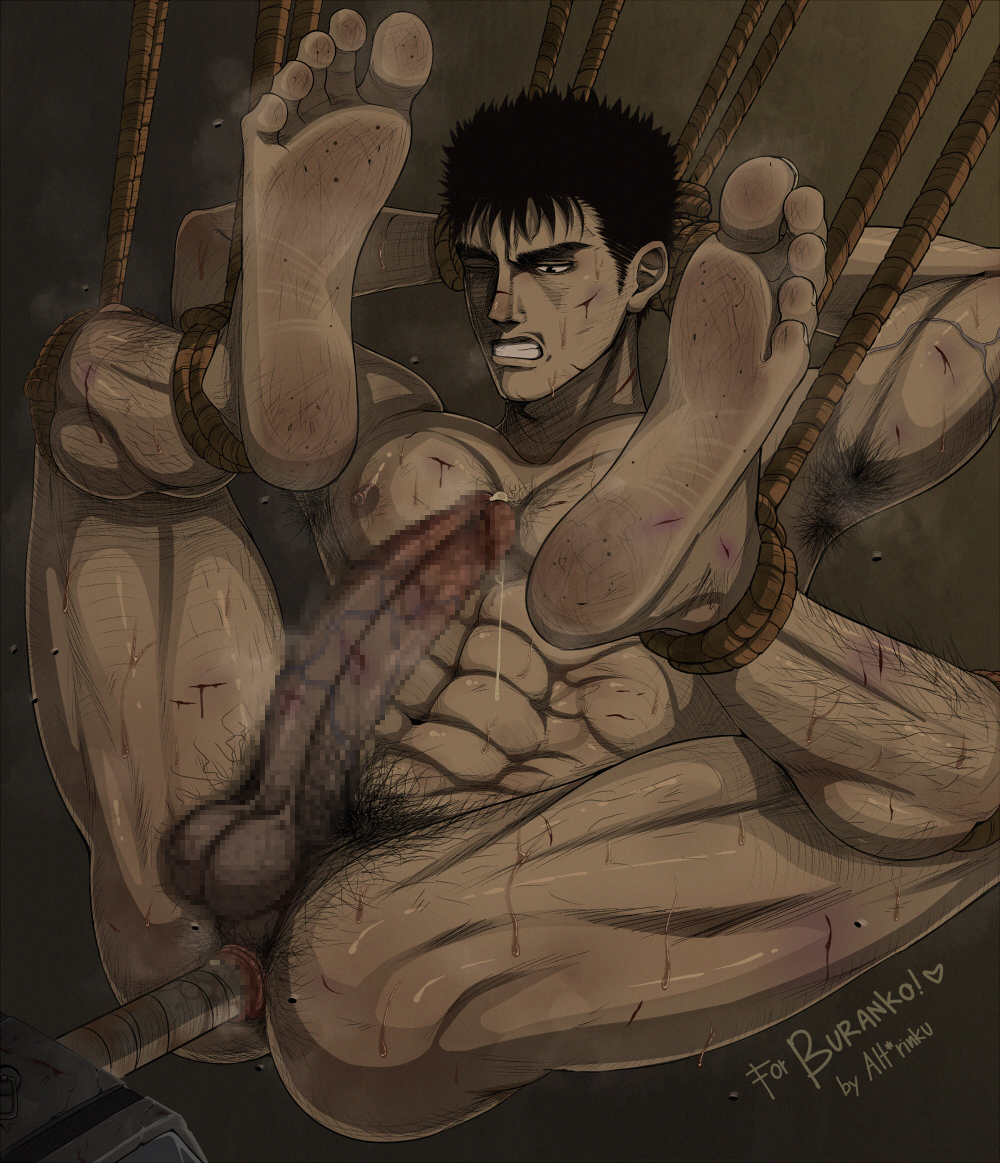 1male abs alterinku anal_insertion anal_penetration armpit_hair armpits artist_name barefoot berserk big_penis bruise bruised censored character_name copyright_name cuts dirty dirty_feet erect_while_penetrated erection feet feet_up forced gay guts_(berserk) male male_focus male_only muscular_male penis precum precum_drip pubic_hair questionable_consent restrained rope_bondage soles tied_up toenails toes yaoi