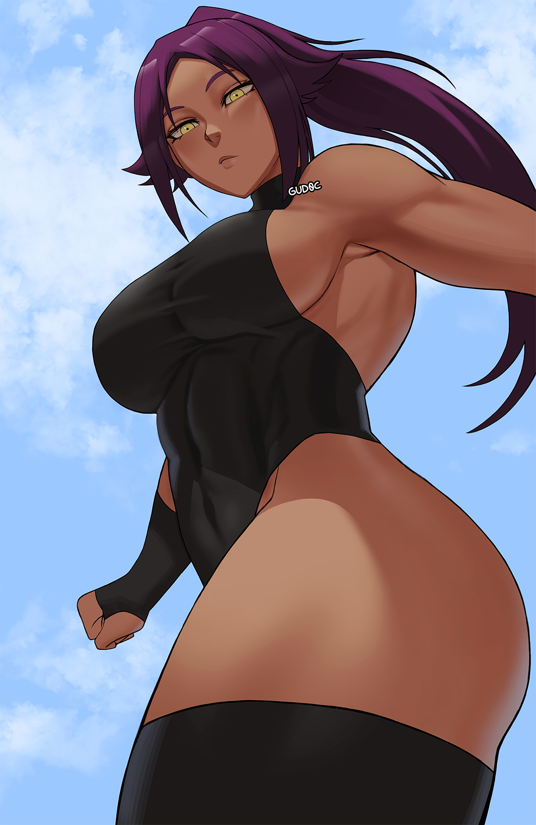 1girls, ass, athletic, athletic female, big ass, bleach, breasts, dark skin, dark-skinned female, female, gud0c, long hair, looking at viewer, looking down, muscular, muscular female, purple hair, shihouin yoruichi, sideboob, solo, tagme, thick thighs, thighhighs, wide hips