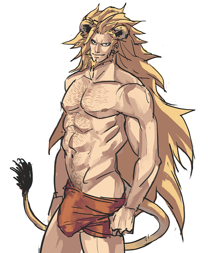 animal_ears balls bara beard big_bulge blonde_hair bulge drawfag facial_hair flaccid gay guilty_gear hairy leo_whitefang lion_ears lion_tail long_hair male male_only muscles muscular penis solo solo_male tail white_background