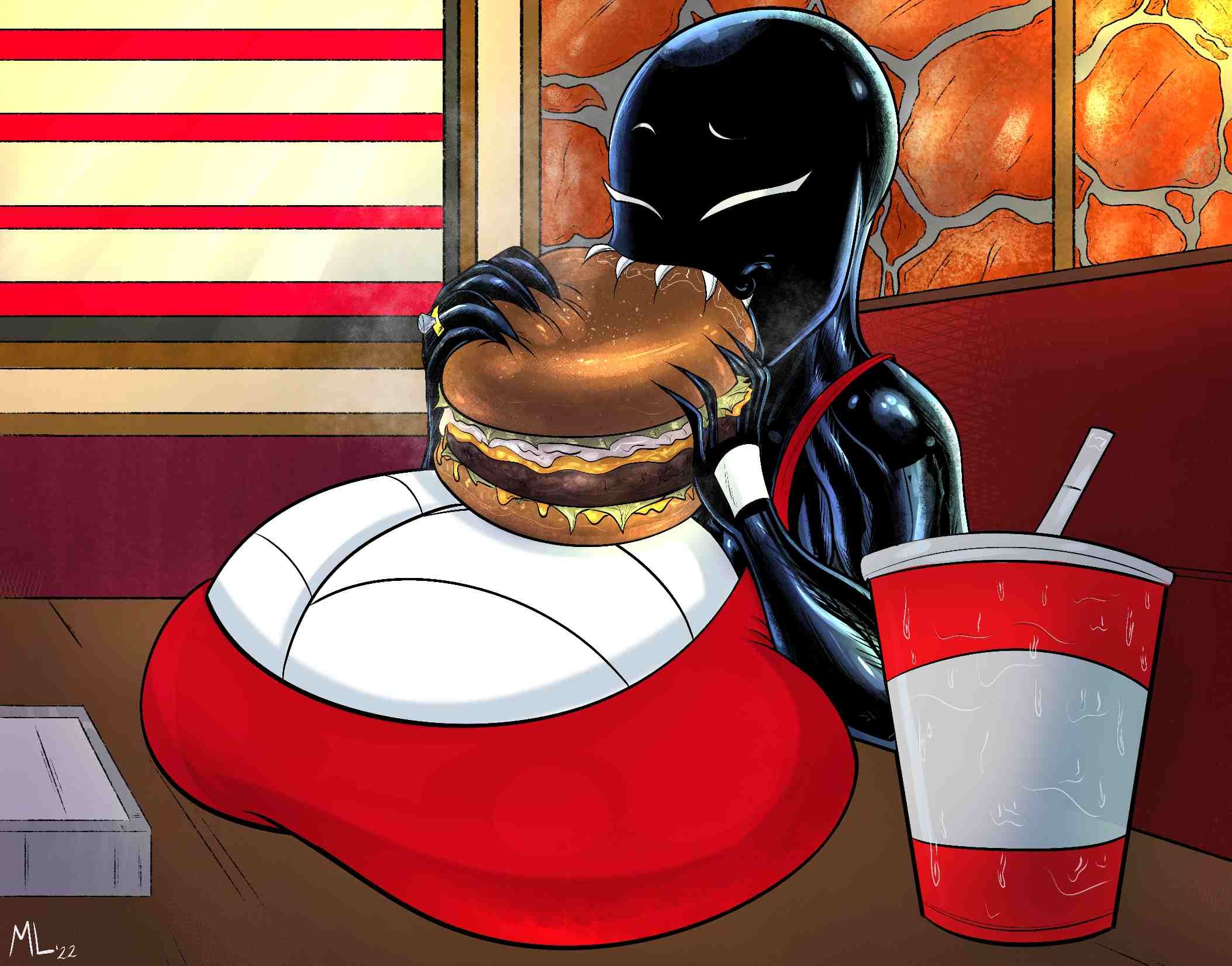 1girls, ameizing lewds, big breasts, breasts, breasts bigger than body, breasts bigger than head, breasts bigger than torso, breasts on table, burger, cleavage, closed eyes, eating, female, female only, food, hourglass figure, huge breasts, hyper breasts, marvel, marvel comics, ring, sharp teeth, she-venom, she-venom (ameizing lewds), spider-man (series), tagme, venom, venom (marvel), wedding ring