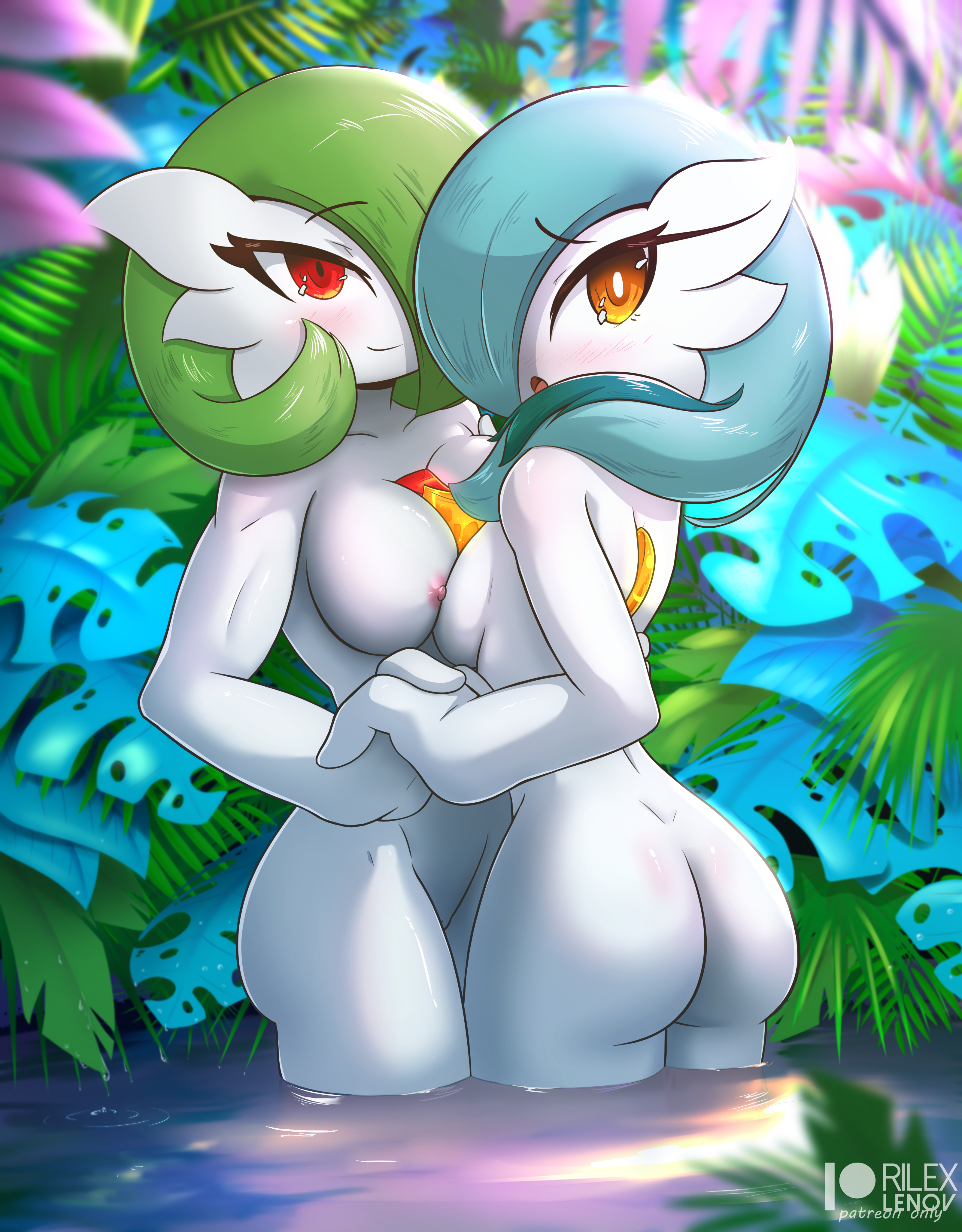 anthro, blue hair, blush, breasts, eyelashes, female, fingers interlocked, gardevoir, green hair, hair, looking at viewer, looking back, nude, open mouth, pokémon (species), pokemon, pokemon (species), red eyes, rilex lenov, shiny pokemon, smile, yellow eyes