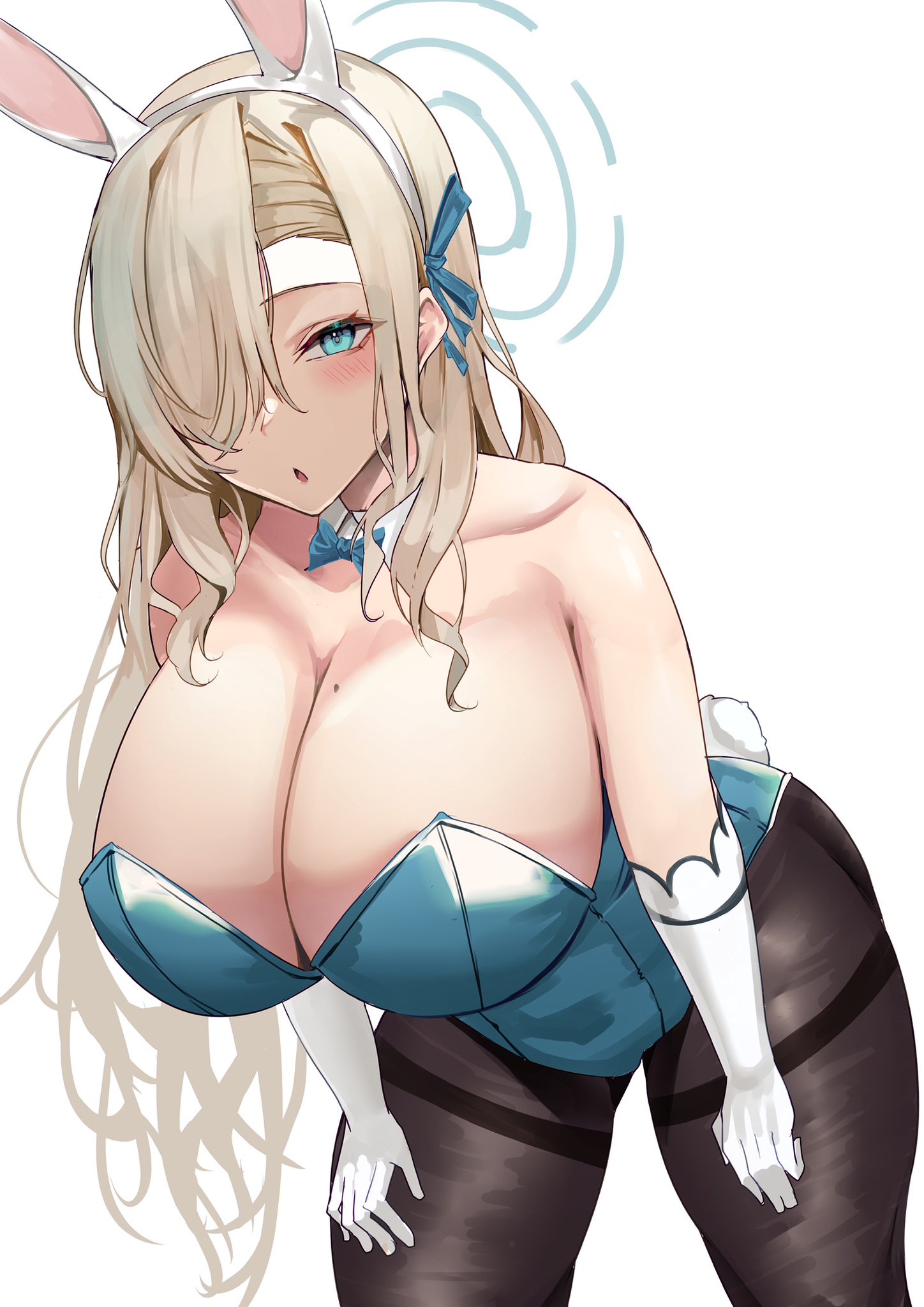 :o, 1girls, asuna (blue archive), asuna (bunny girl) (blue archive), asuna (bunny) (blue archive), blonde hair, blue archive, blue eyes, blue leotard, breasts, bunny ears, bunny girl, bunny tail, bunnysuit, cleavage, female, hair over one eye, halo, highleg leotard, huge breasts, leaning forward, leotard, light skin, light-skinned female, long hair, looking at viewer, ribbon in hair, simple background, thick thighs, thighs, tights, very long hair, yamasonson
