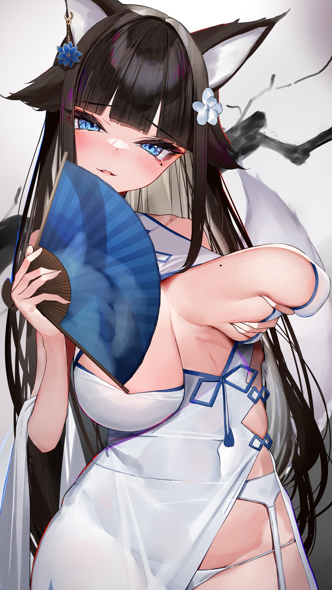 1girls animal_ears black_hair blush clothing eyebrows_visible_through_hair fan_(object) female female_only fox_ears fox_girl fox_tail holding_breast indie_virtual_youtuber light-skinned_female light_skin looking_at_viewer lumium_(lovy_lovyyyyyy) sakae_izumi solo tail virtual_youtuber