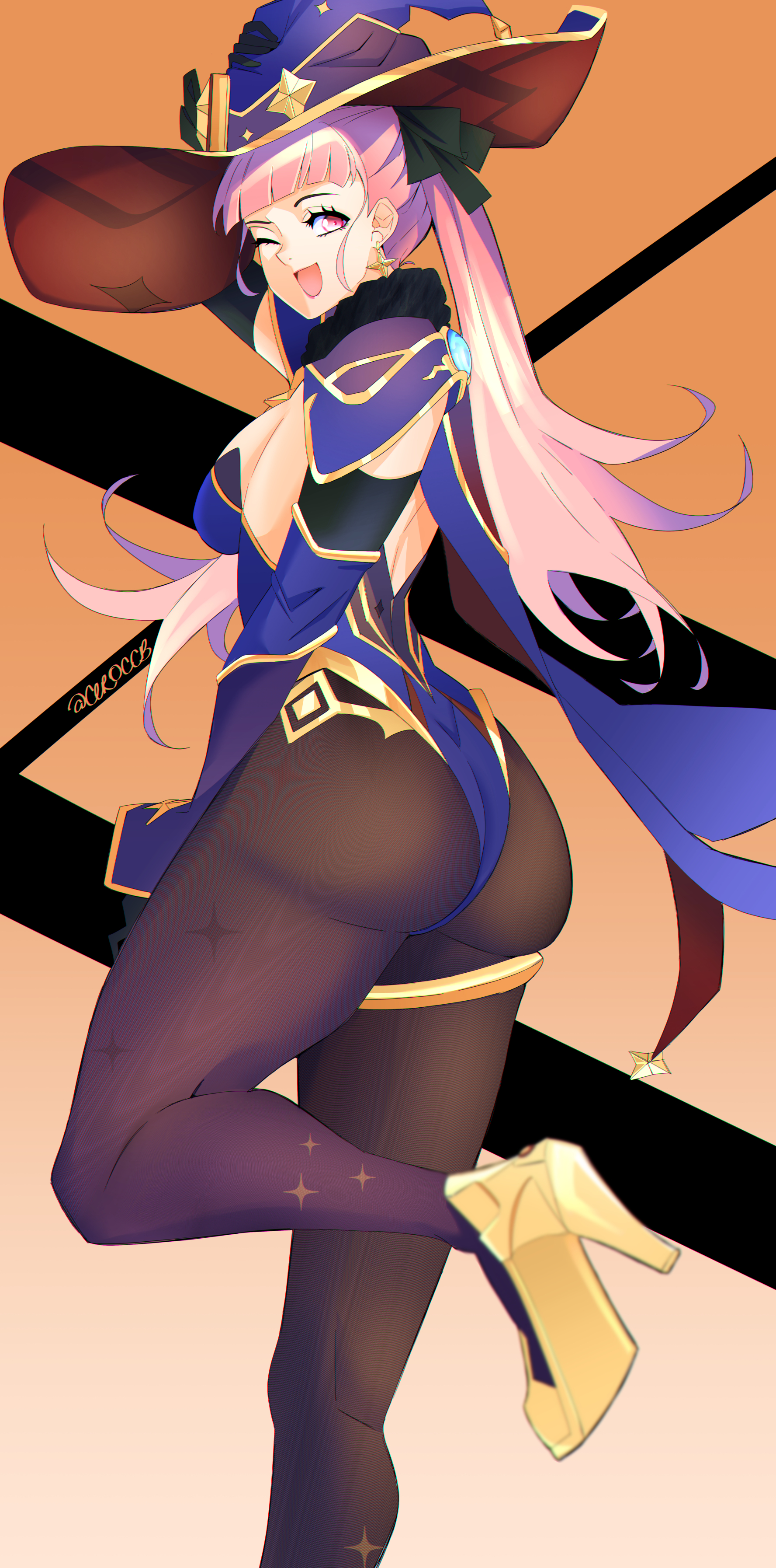 alternate costume, ass, big ass, blunt bangs, ceroccb, cosplay, crossover, female, female only, fire emblem, fire emblem: three houses, genshin impact, hat, high heels, hilda valentine goneril, leotard, mona (genshin impact) (cosplay), nintendo, one eye closed, pantyhose, pink hair, solo, wink, witch hat