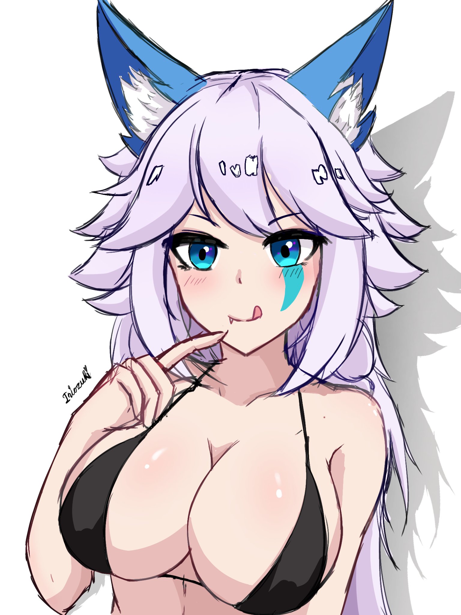 1girls, animal ears, big breasts, bikini, bikini top, blue eyes, breasts, clothed, clothed female, cute, cute face, female, female focus, female only, fox ears, io (paladins), iriozuki, kemonomimi, kitsunemimi, large breasts, light skin, light-skinned female, naughty face, paladins, silver hair, solo, white skin