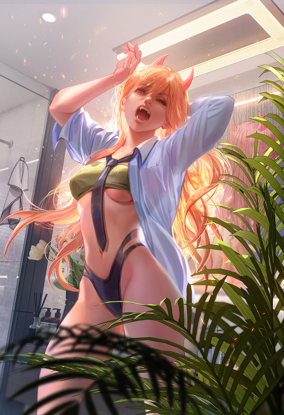 1girls big_ass blonde_female blonde_hair chainsaw_man demon demon_girl demon_horns fan_yang female female_only leotard light-skinned_female light_skin power_(chainsaw_man) secretary secretary_outfit thick_thighs tie underboob yawn yawning