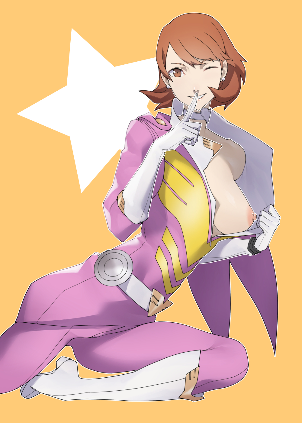 atlus, breasts, featherman (persona), female, female only, flashing, gwessuu, nipples, no bra, no bra under clothes, persona, persona 3, pink argus, solo, tagme, yukari takeba, yukari takeba (pink argus)