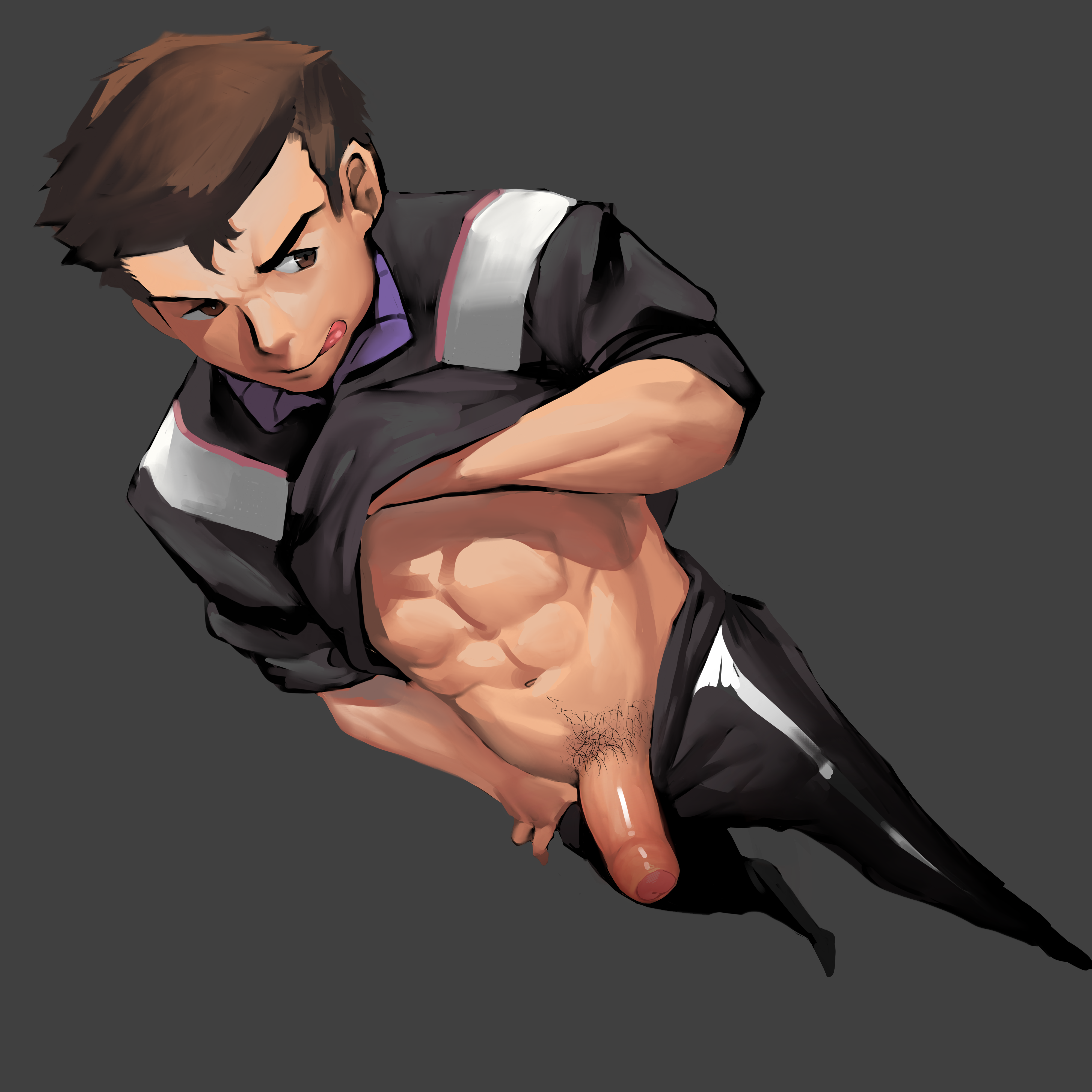 1boy, brown hair, deer3art, foreskin, male, male focus, male only, neon genesis evangelion, penis, penis out, shirt up, solo, toji suzuhara, uncensored, uncircumcised, uncut, yaoi