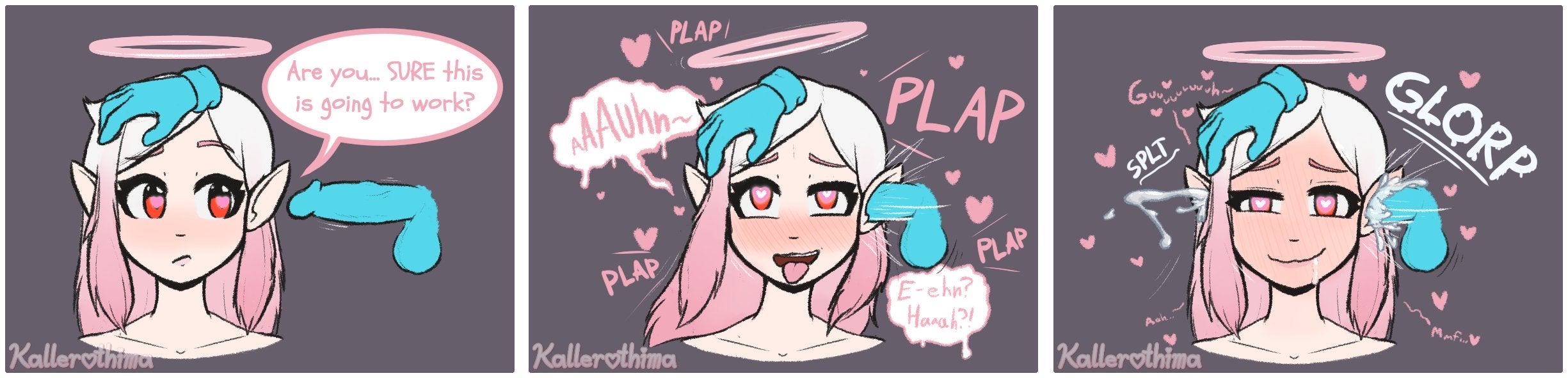 1girls, ahe gao, blush, brain fuck, comic, cum in ear, dialogue, ear penetration, elf, english text, faceless male, female, fucked silly, gradient hair, halo, heart, heart-shaped pupils, kallerothima, looking pleasured, male, mind break, pink hair, tagme, text, text bubble, white hair