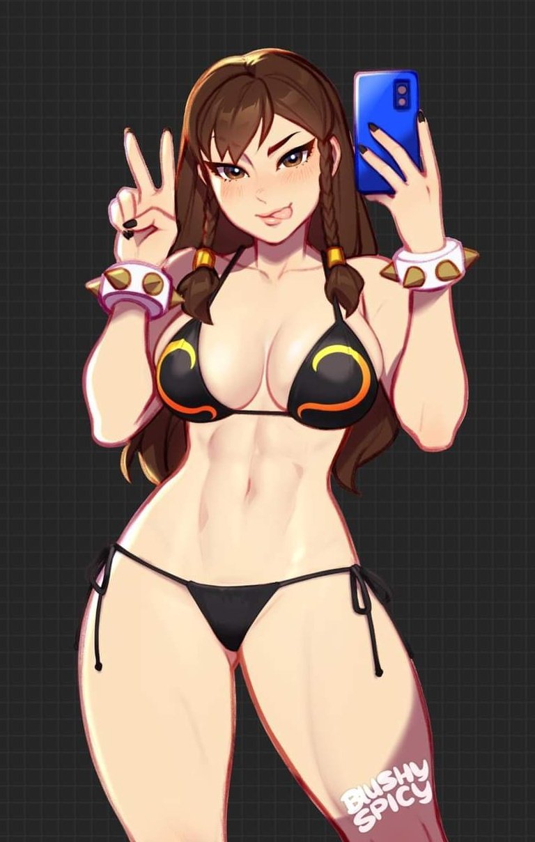 abs, alternate costume, alternate hairstyle, bikini, blushypixy, blushyspicy, brown hair, capcom, chun-li, female, fit, fit female, hartman hips, hips, hourglass figure, mirror, selfie, smile, solo, street fighter, street fighter v, thick thighs, thunder thighs, thunderthighs, toned, toned female, tongue, tongue out, wide hips