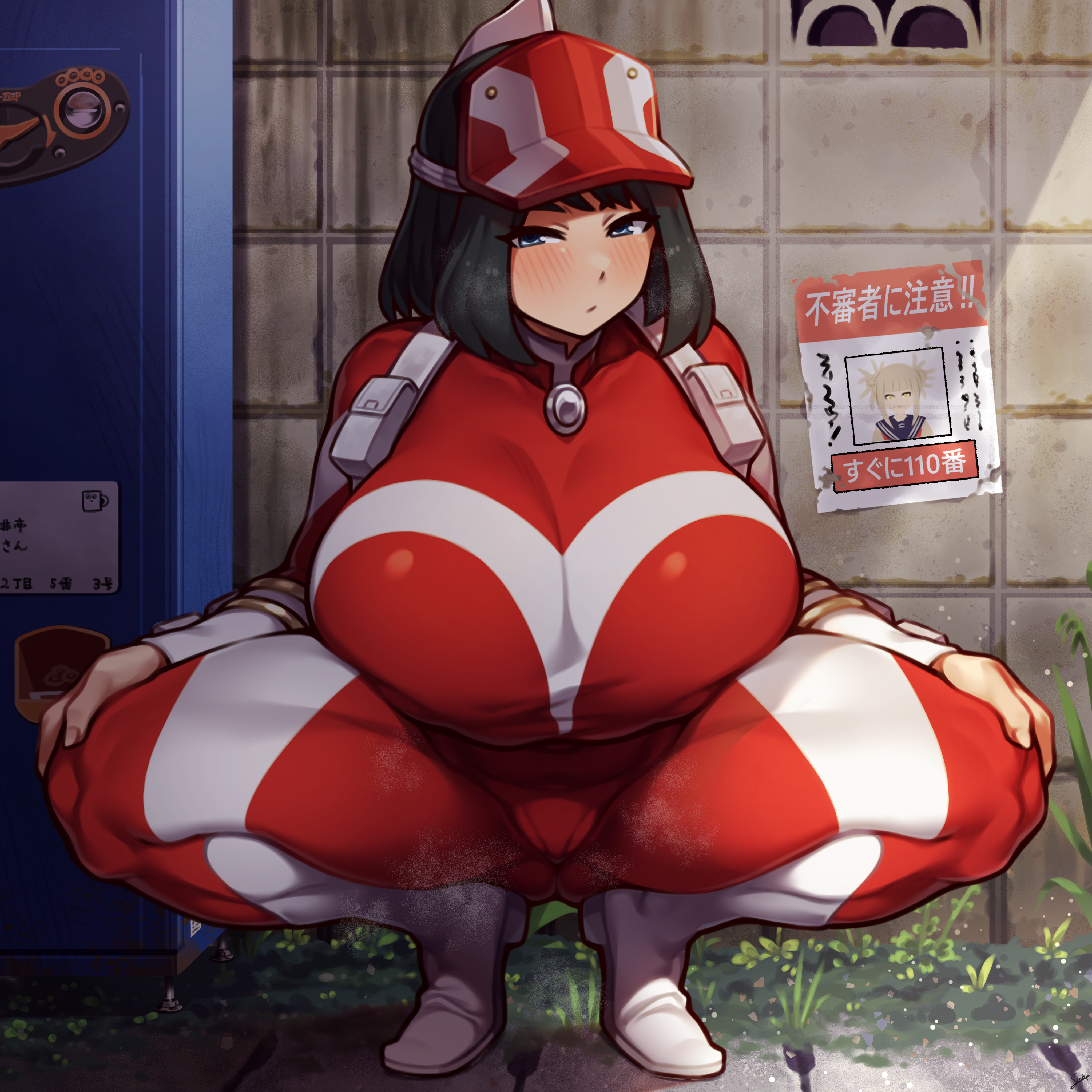 1girls, absurd res, alternate breast size, big breasts, black hair, blue eyes, blush, bodysuit, breasts, coffeelove68, eye contact, female, female focus, female human, female only, hat, hero outfit (mha), high resolution, huge breasts, human, kodai yui, light skin, looking at viewer, my hero academia, solo, spread legs, squatting, superhero costume, superheroine, thick thighs, thighs, voluptuous, yui kodai