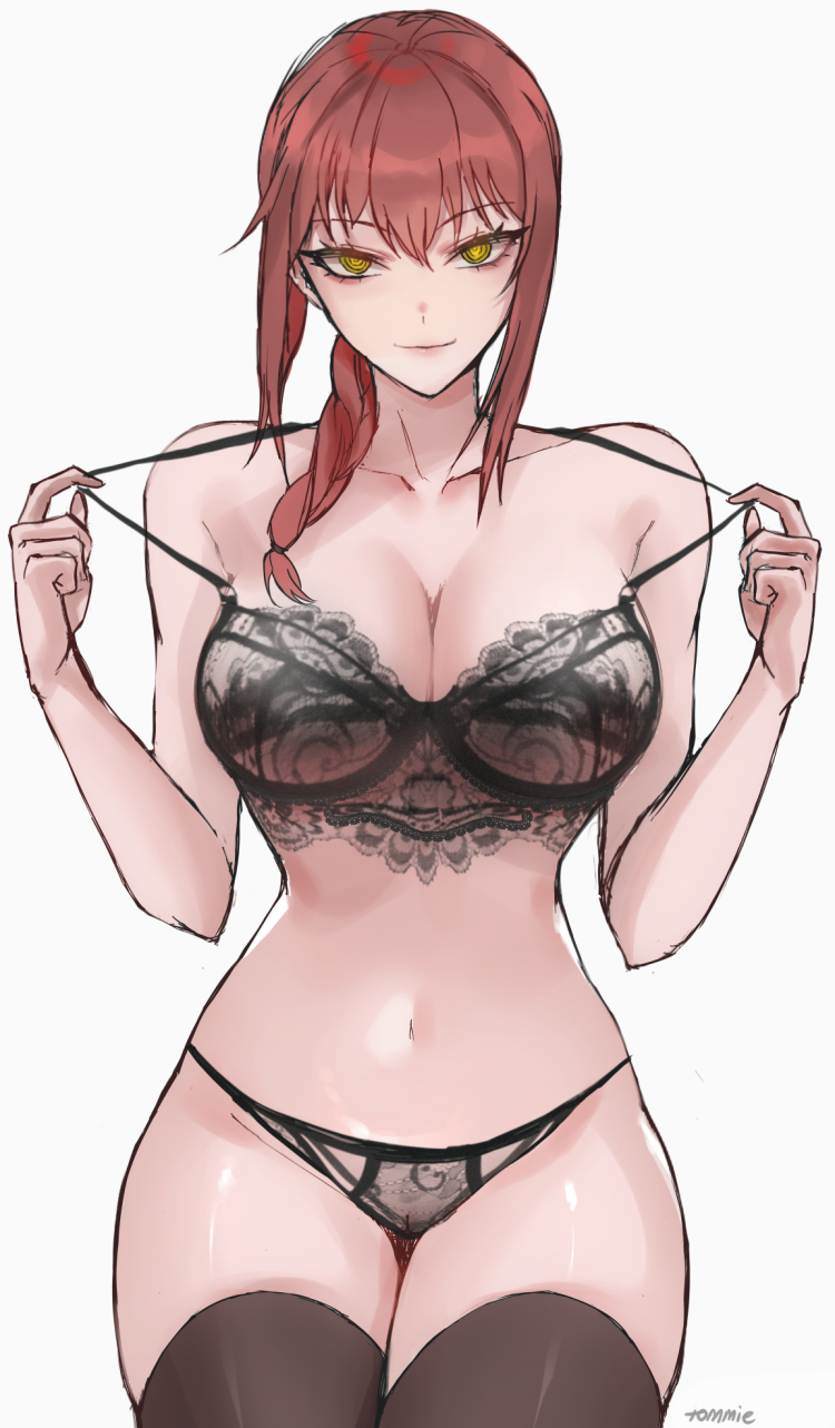 1girls, big breasts, big penis, bra, braided hair, breasts, chainsaw man, eye contact, female, female focus, female only, legwear, lingerie, long hair, looking at viewer, makima (chainsaw man), male, panties, penis, red hair, standing, thick thighs, thighhighs, thighs, tommy (kingdukeee), yellow eyes
