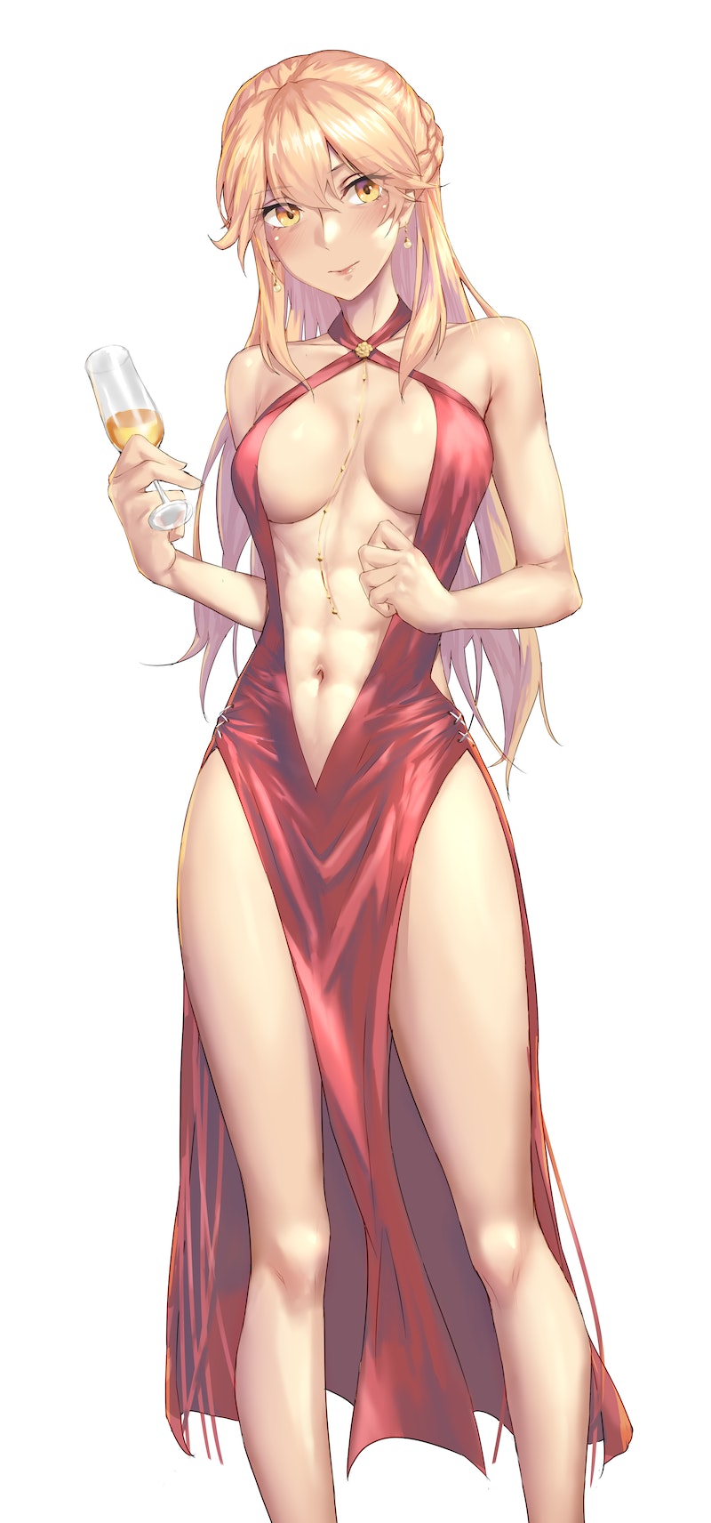 abs alcohol bare_shoulders blonde_hair braid breasts center_opening champagne champagne_flute collarbone criss-cross_halter cup dress drinking_glass earrings eyebrows_hidden_by_hair feet_out_of_frame female french_braid girls'_frontline halter_dress halterneck highres jewelry kokuzou long_hair medium_breasts navel official_alternate_costume ots-14_(girls'_frontline) ots-14_(ruler_of_the_banquet)_(girls'_frontline) pelvic_curtain red_dress side_slit simple_background toned white_background yellow_eyes