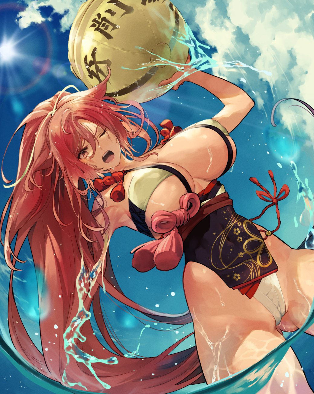 1girls amputee baiken ball beachball bikini blue_sky breasts cloud covered_navel covered_nipples female gluteal_fold guilty_gear highres huge_breasts jako_(toyprn) japanese_clothes light_rays long_hair looking_at_viewer ocean one-eyed open_mouth pink_hair ponytail scar scar_across_eye scar_on_face shaded_face sideboob sky solo sunbeam sunlight swimsuit thick_thighs thighs underboob water