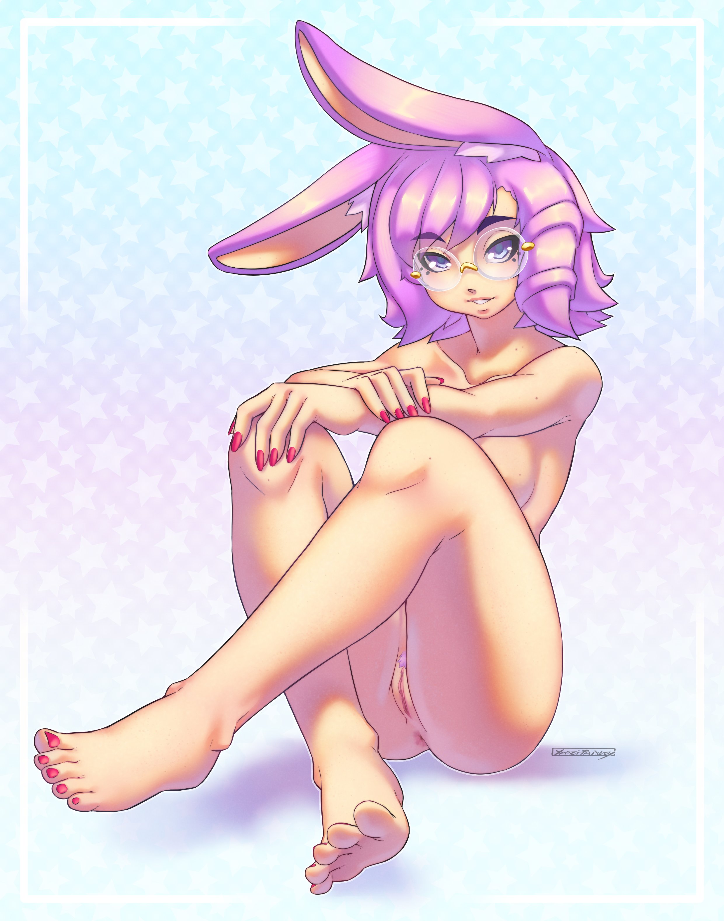 1girls, animal ears, anus, barefoot, breasts, bunny ears, feet, female, female only, female pubic hair, glasses, hi-rez studios, kemonomimi, light skin, light-skinned female, medium breasts, nail polish, nude, nude female, paladins, pussy, rei (paladins), solo, solo female, toenail polish, toes, yaseipaisley