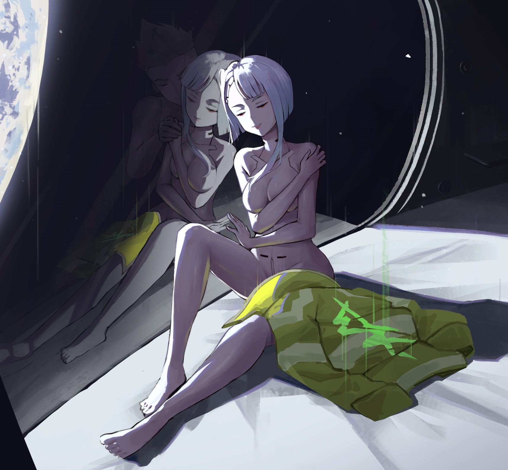 1boy, 1girls, canon couple, cd projekt red, cyberpunk 2077, cyberpunk: edgerunners, david martinez (edgerunners), female, ghost, holding hands, hugging, lucyna kushinada, male, nude, nude female, renji (artist), sad, smiling, solo, studio trigger, tagme, wholesome