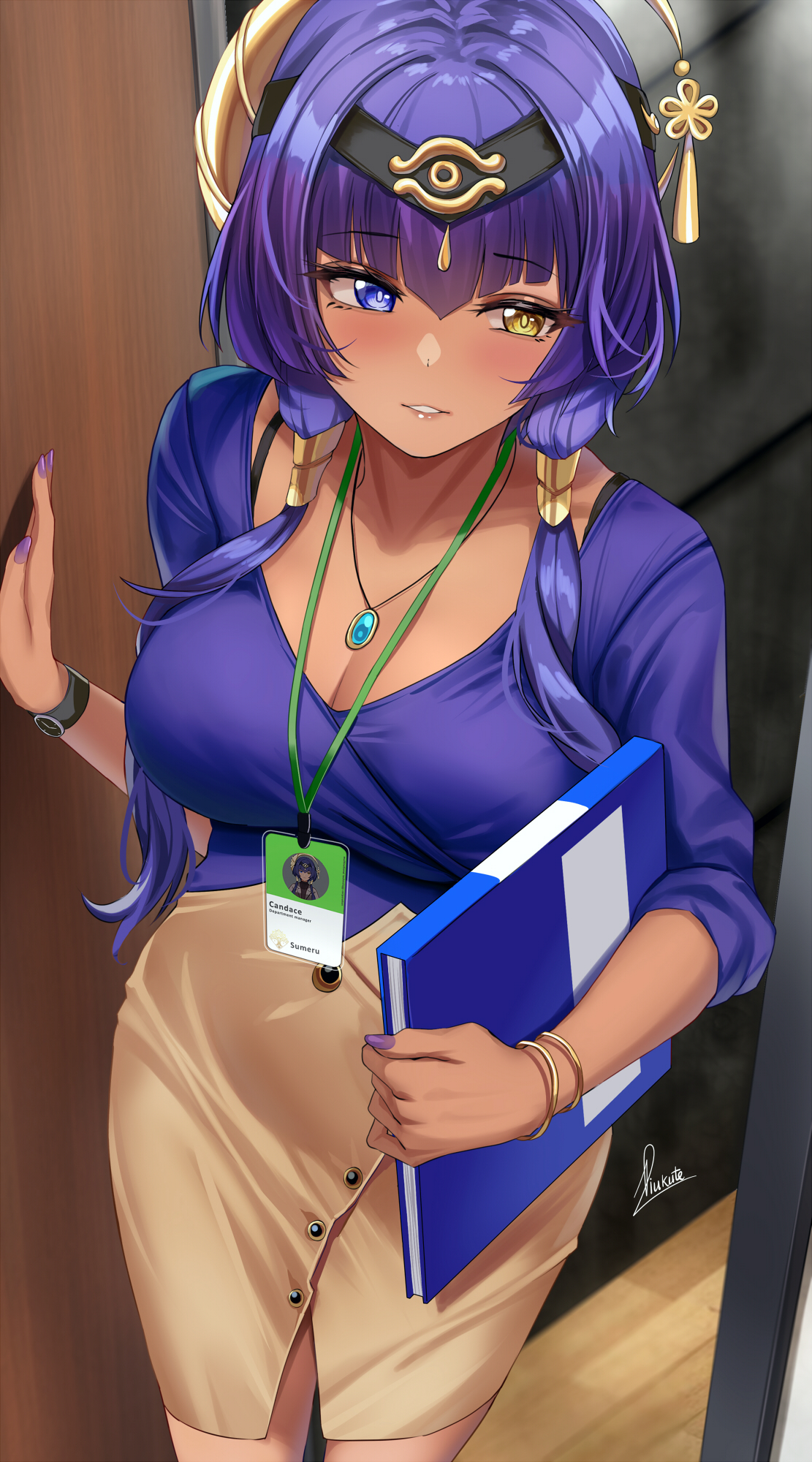 1girls, artist signature, blush, breasts, candace (genshin impact), cleavage, clothed, female, genshin impact, gold eyes, hair ornament, heterochromia, hi res, holding object, huge breasts, id card, lanyard, nail polish, neckwear, office lady, piukute062, purple eyes, purple hair, purple nails, skirt, twintails