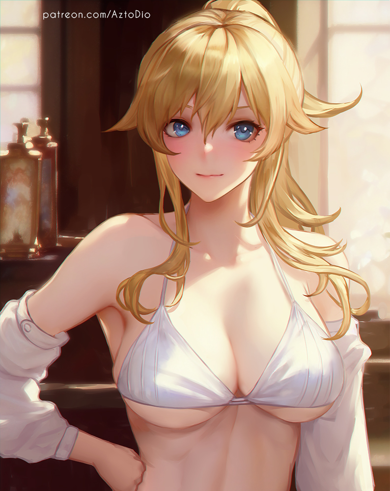 1girls 2022 azto_dio aztodio big_breasts blonde_hair blue_eyes erect_nipples genshin_impact high_resolution jean_gunnhildr looking_at_viewer nipple_bulge ponytail tagme upper_body