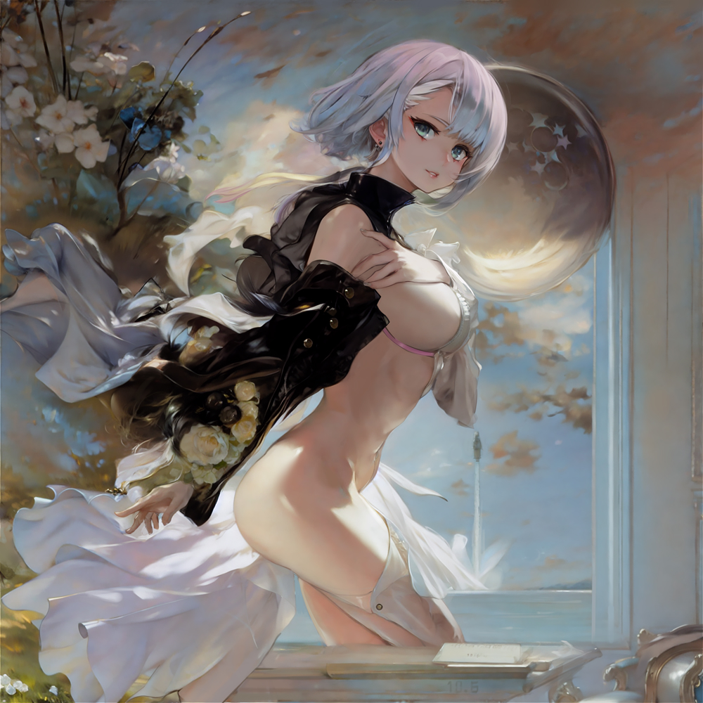 1girls, ass, ass out, breasts, cd projekt red, covering nipples, cyberpunk 2077, cyberpunk: edgerunners, female, female only, light skin, light-skinned female, lucyna kushinada, netflix, nude, partially clothed, sideboob, studio trigger, torn man