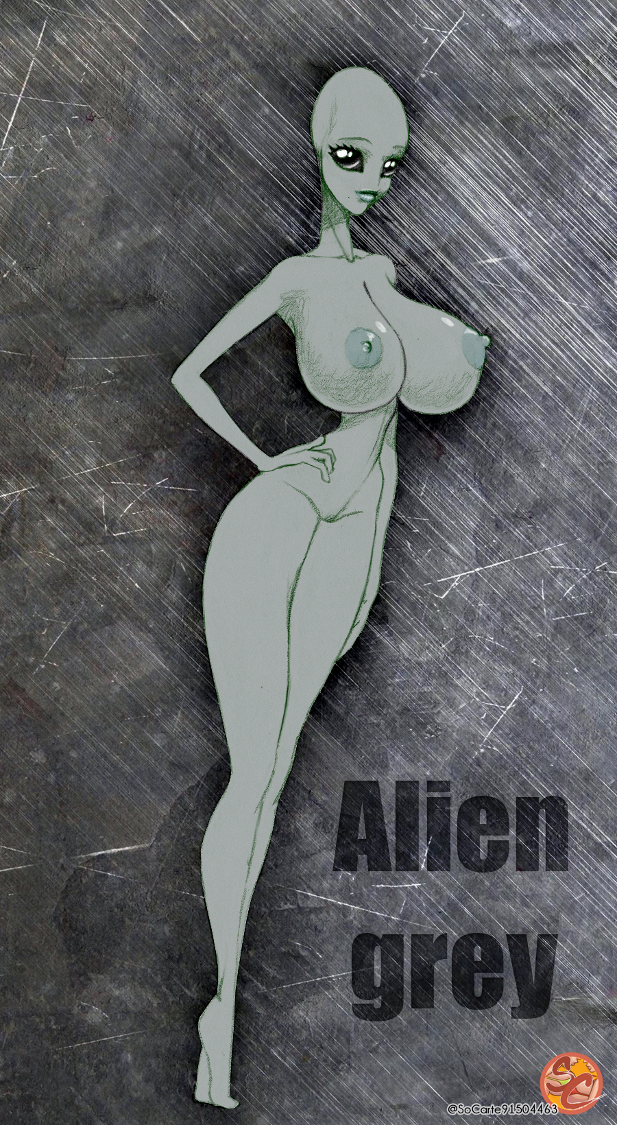 2020 alien alien_humanoid big_breasts black_eyes breasts classic_alien female full-length_portrait grey_alien grey_body grey_skin hand_on_hip hi_res humanoid looking_at_viewer nipples nude portrait roswell_grey small_waist socarter solo text top_heavy