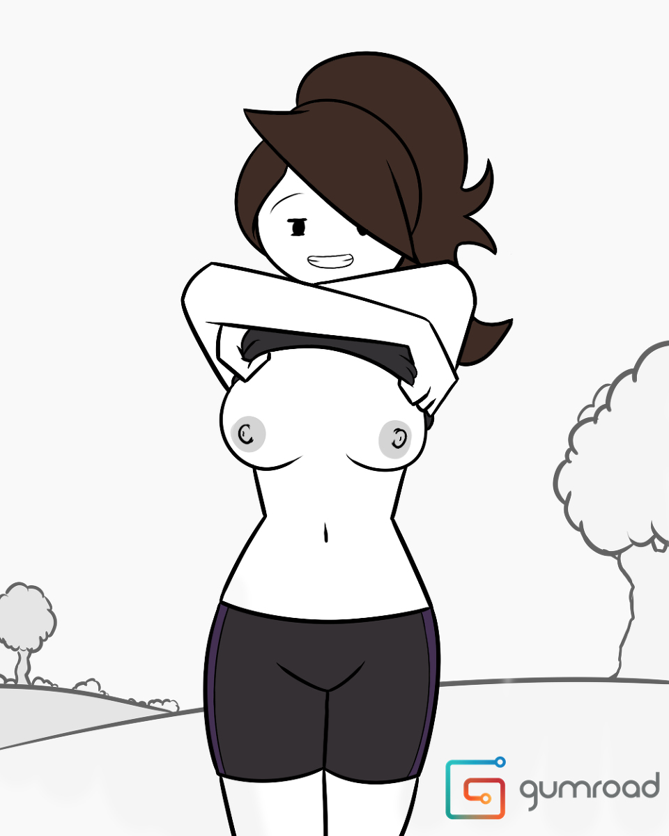 1girls, bike shorts, breasts, brown hair, female, iamoctopii, jaiden, jaiden animations, jaidenanimations, medium breasts, mob face, nipples, outside, shirt lift, smile, solo female, tank top, youtube, youtuber