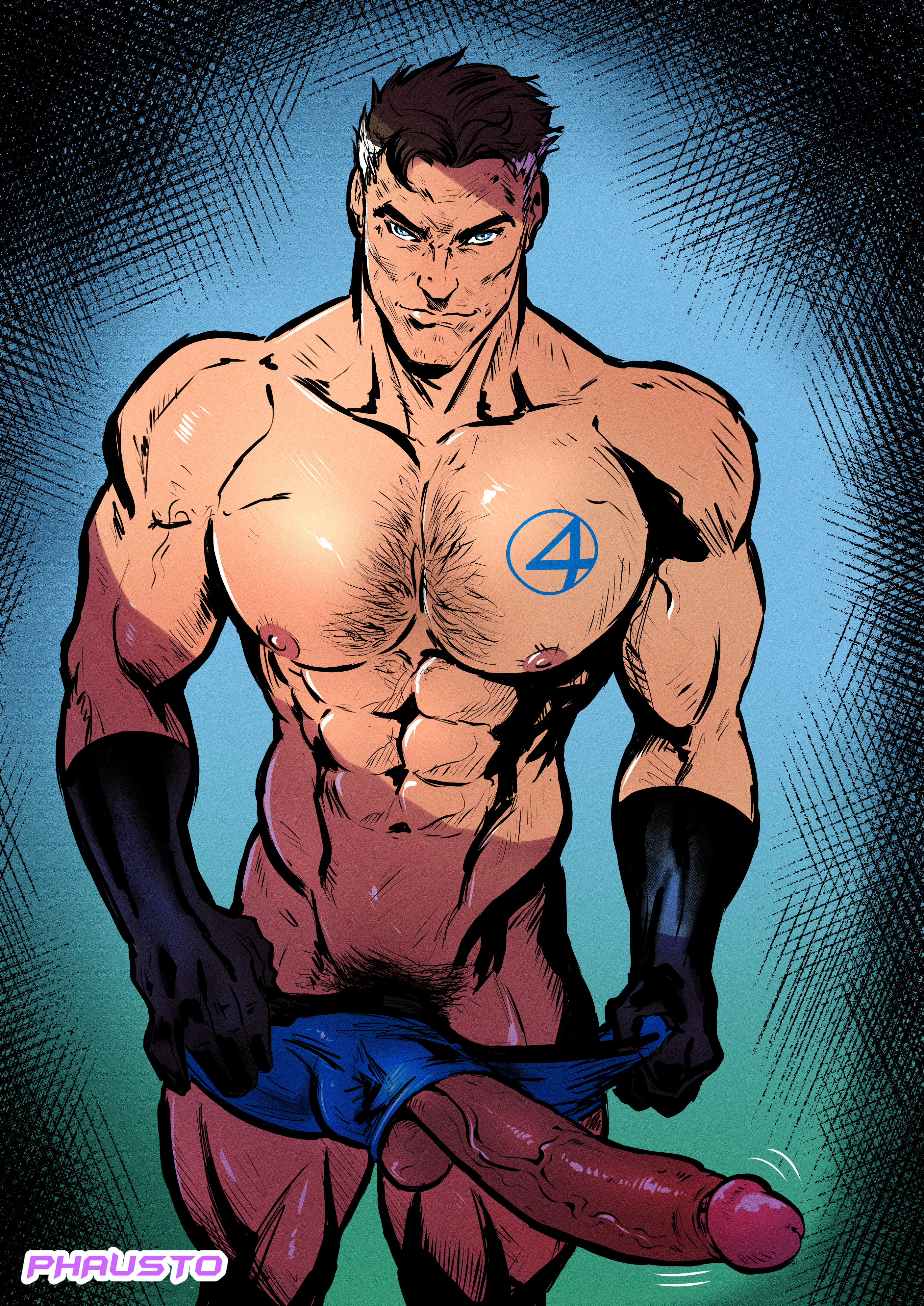 1boy, abs, balls, big penis, blue eyes, boner, brown hair, erection, fantastic four, foreskin, fully retracted foreskin, gloves, long penis, male, male focus, male only, marvel, marvel comics, mr fantastic, navel, nipples, penis, penis out, phausto, reed richards, retracted foreskin, smile, solo, solo focus, solo male, uncircumcised, underwear, veiny penis, yaoi