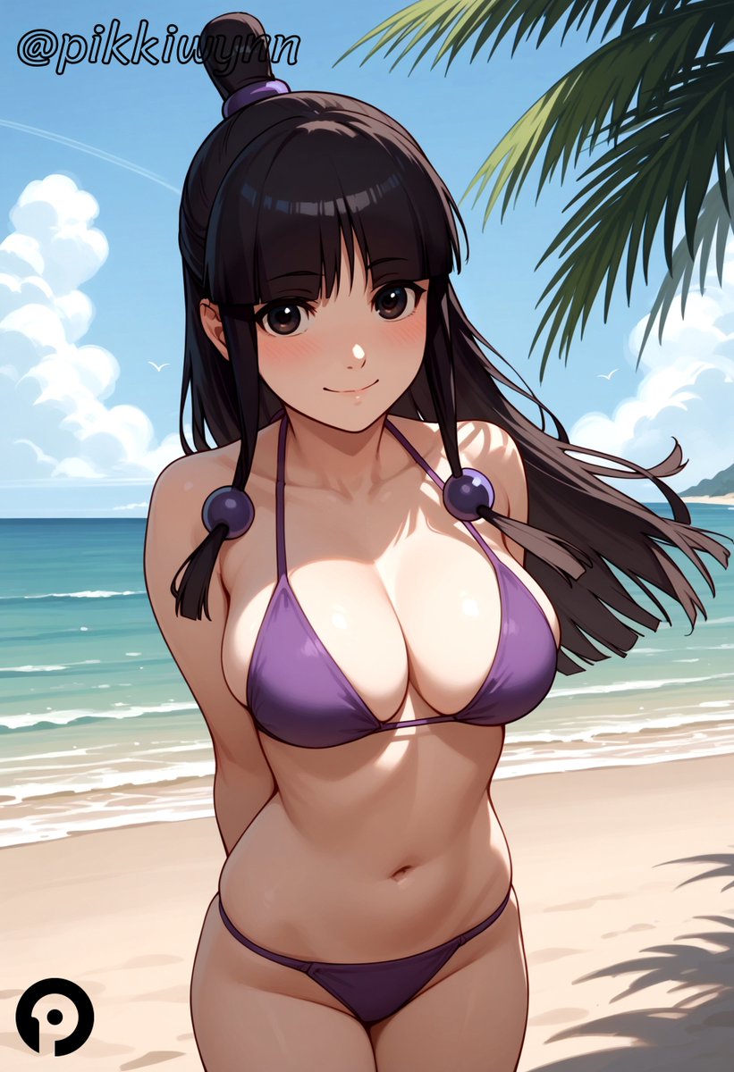 ace_attorney ai_generated beach big_breasts bikini black_hair gyakuten_saiban maya_fey pikkiwynn purple_eyes smile