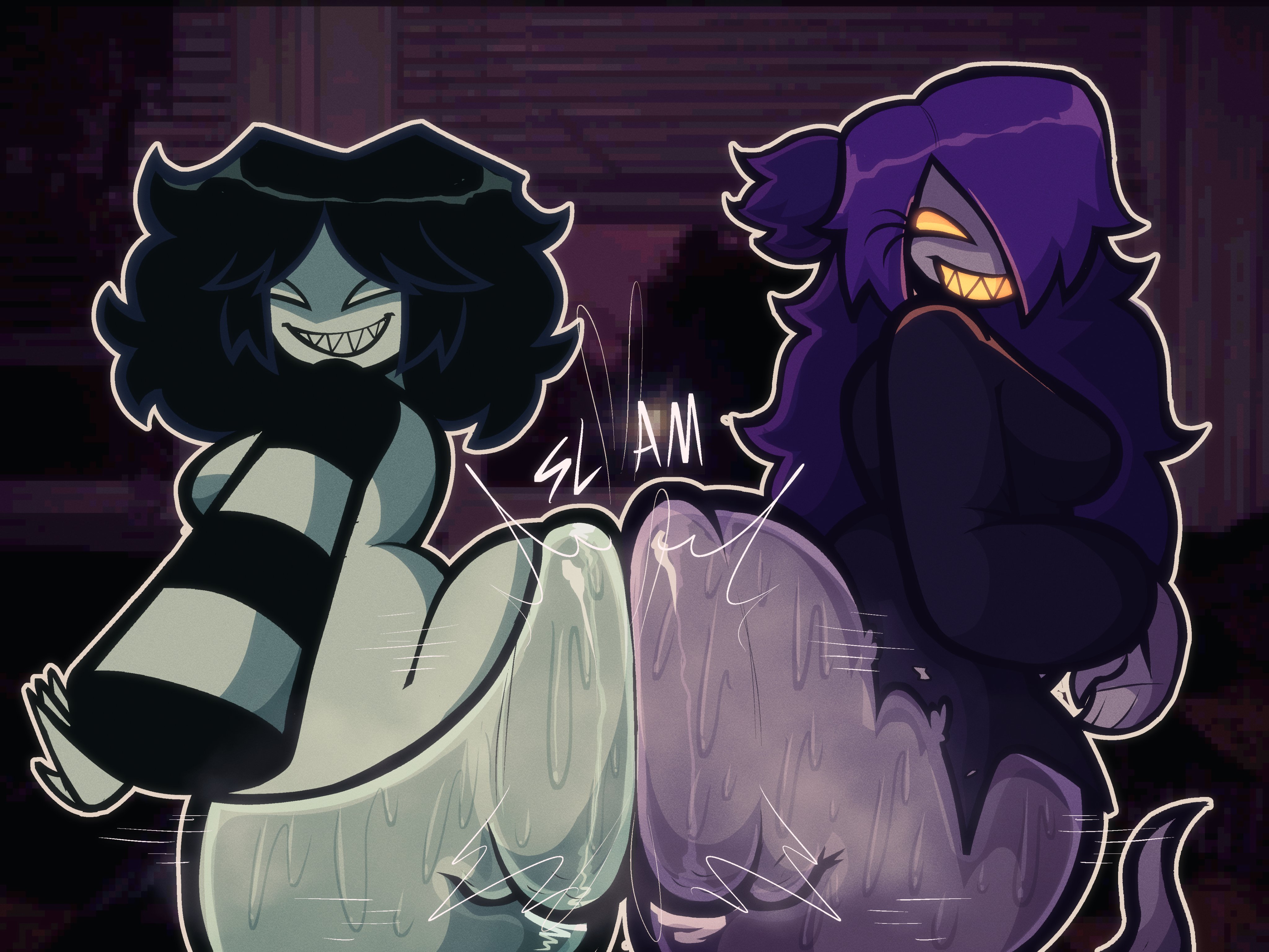 2025, 2girls, ass, ass focus, ass shine, big ass, big butt, bubble butt, butt, butt focus, female, ghost girl, glowing eyes, hair bun, hair over one eye, half-dressed, lazycumlol, long hair, long sleeves, onomatopoeia, original, original character, posta (lazycumlol), pressing asses together, realistic background, slamming ass, striped clothing, sweat, sweatdrop, tagme, wet ass
