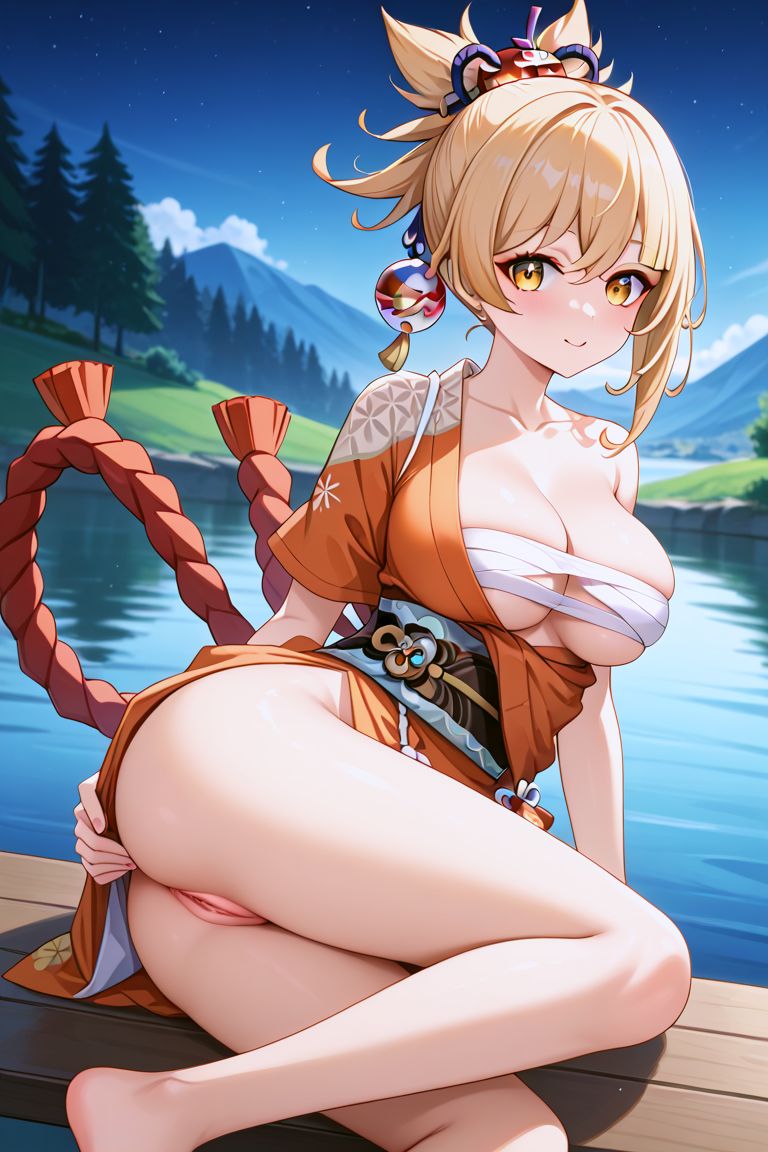 1girls ai_generated ass bandage bandages bangs blonde_hair female genshin_impact jasse kimono lake looking_at_viewer no_bra no_panties no_pants outdoors outside rope shimenawa yoimiya_(genshin_impact)