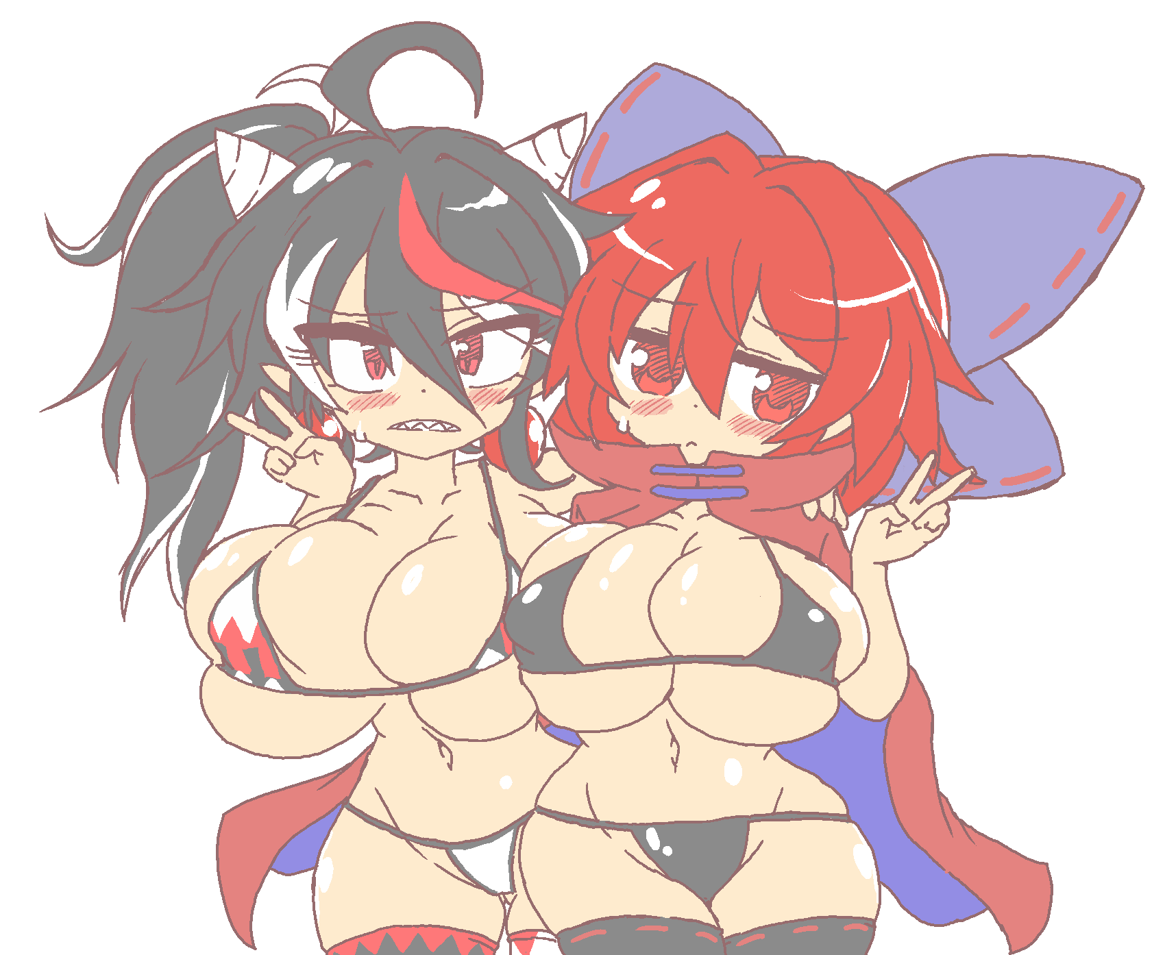 2girls :< ahoge artist_request bikini black_bikini black_hair black_thighhighs blue_bow blush breasts cape chibi chibi_style cleavage dot_nose embarrassed gyate_gyate horns huge_breasts kijin_seija meme navel red_cape red_eyes red_hair sekibanki sharp_teeth short_hair skindentation streaked_hair sweating thighhighs touhou transparent_background v white_hair