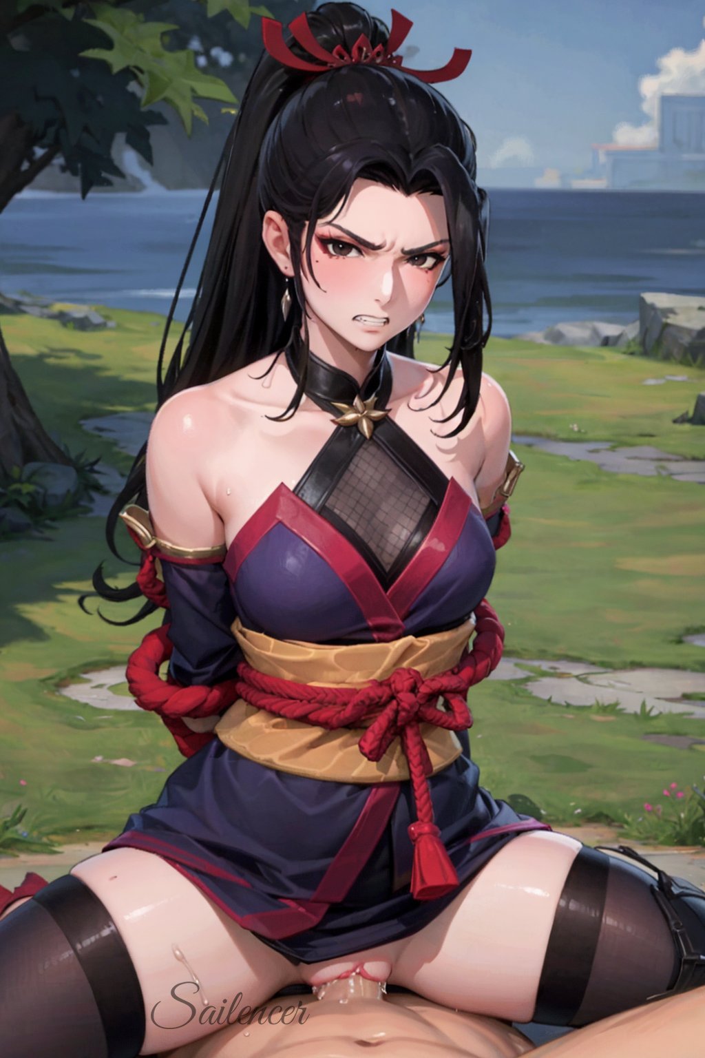 1girl1boy ai_assisted ai_generated angry_face anime_style beauty_mark black_hair blush boob_window brown_eyes closed_mouth clothed_female_nude_male clothed_sex cum_inside earrings exposed_shoulders eyeliner female fishnet_topwear frown hair_ornament hanabi_ hanabi_(mobile_legends) hands_behind_back looking_at_viewer medium_breasts missionary_position mobile_legends mole_under_eye ponytail pussy_juice_drip rope_around_waist sailencer sex spread_legs stockings tied_up white_skin