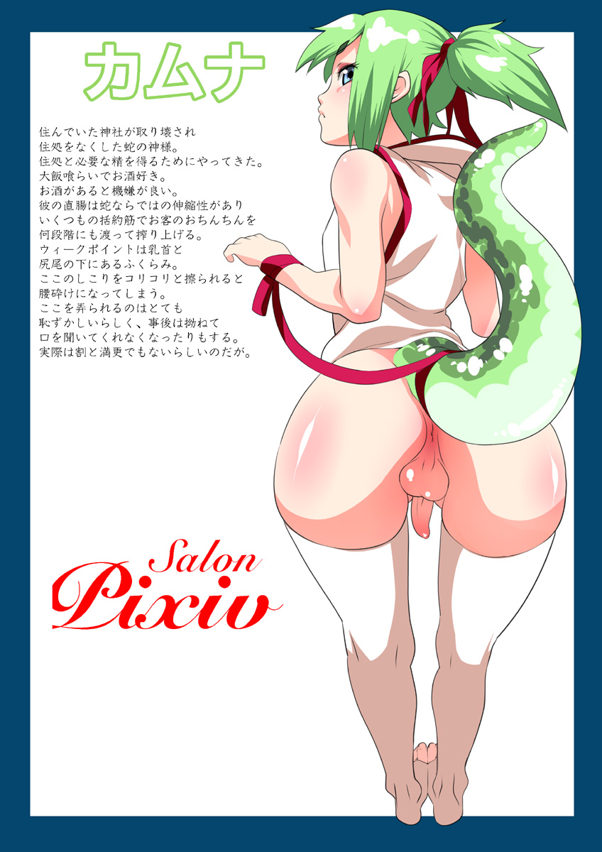 1futa afistful_of_dollars anus ass blush bottomless dickgirl futa_only futanari green_hair intersex lizard_girl penis presenting salon_pixiv solo stockings wide_hips