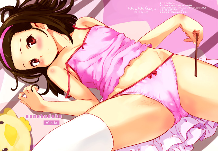 bare_arms bare_shoulders belly_button blush body_blush breasts brown_eyes brown_hair camisole closed_mouth collarbone groin hairband hip_bones lying medium_hair monogatari_(series) navel_cutout nipples_visible_through_clothing on_floor panties pink_panties pussy_visible_through_panties sasahara_yuuki sengoku_nadeko small_breasts spread_legs strap_slip thighhighs thighs underwear unworn_skirt white_thighhighs zettai_ryouiki