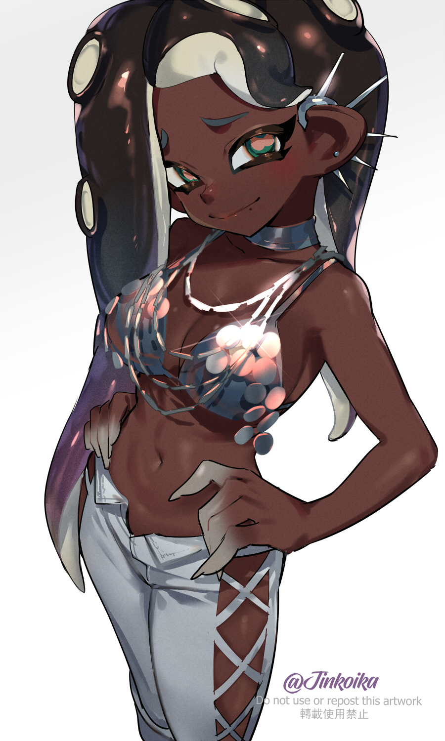 1girls 
grand_festival_(splatfest) aqua_eyes artist_name bare_shoulders bikini bikini_top_only breasts brown_hair cephalopod_eyes chinese_commentary closed_mouth collarbone commentary_request cowboy_shot cross-laced_slit dark-skinned_female dark_skin earrings female film_grain furrowed_brow gradient_hair grey_bikini grey_choker hands_on_own_hips highres horizontal_pupils jewelry jinkoika long_hair marina_(grand_festival) marina_(splatoon) midriff mole mole_under_mouth multicolored_hair navel necklace nintendo octoling official_alternate_costume pants parted_bangs pink_pupils purple_hair side_slit simple_background smile solo splatfest splatoon splatoon_(series) splatoon_3 stud_earrings suction_cups swimsuit tentacle_hair two-tone_hair very_long_hair watermark white_background white_pants