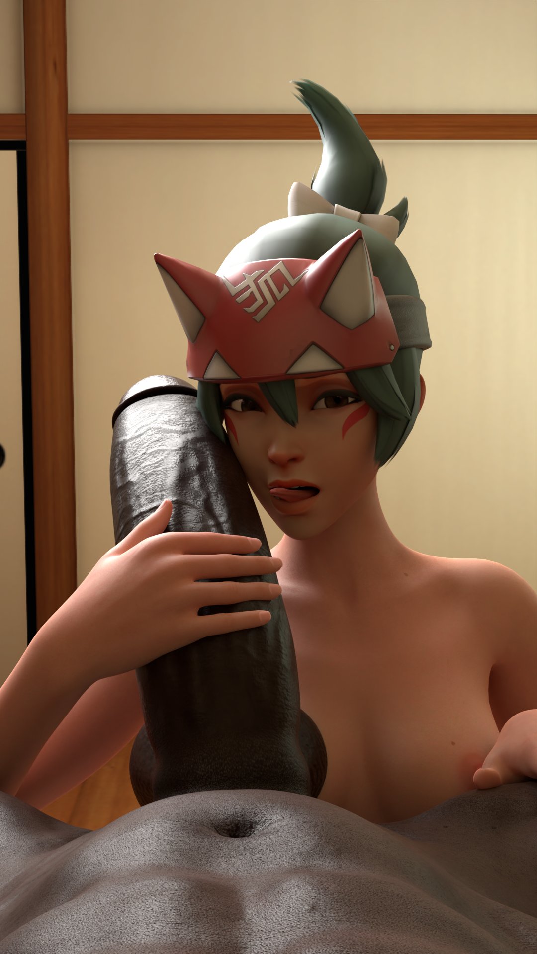 1boy 1girls 3d asian asian_female big_penis breasts dark-skinned_male dark_skin facing_viewer green_hair huge_cock huge_penis imminent_oral interracial kiriko_(overwatch) kneeling laying_down light-skinned_female light_skin looking_at_viewer miamimiski overwatch penis penis_on_face pov small_breasts tagme tongue_out