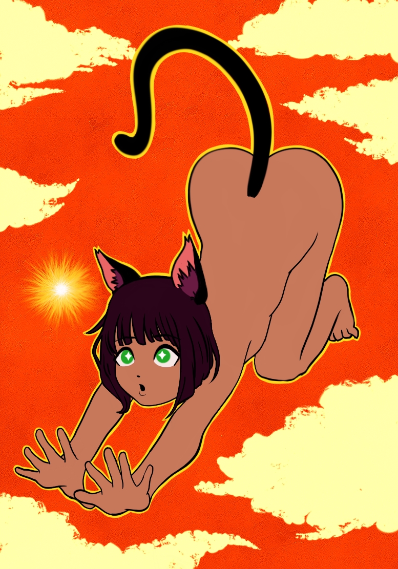 1femboy all_fours ass ass_up beauteouscalithea blunt_bangs bob_cut cat_ears cat_tail catboy clouds completely_nude dark_purple_hair femboy green_eyes mesmerized naked nude nude_femboy nudity oc original original_character petite self_upload sun tan_skin wide_eyed