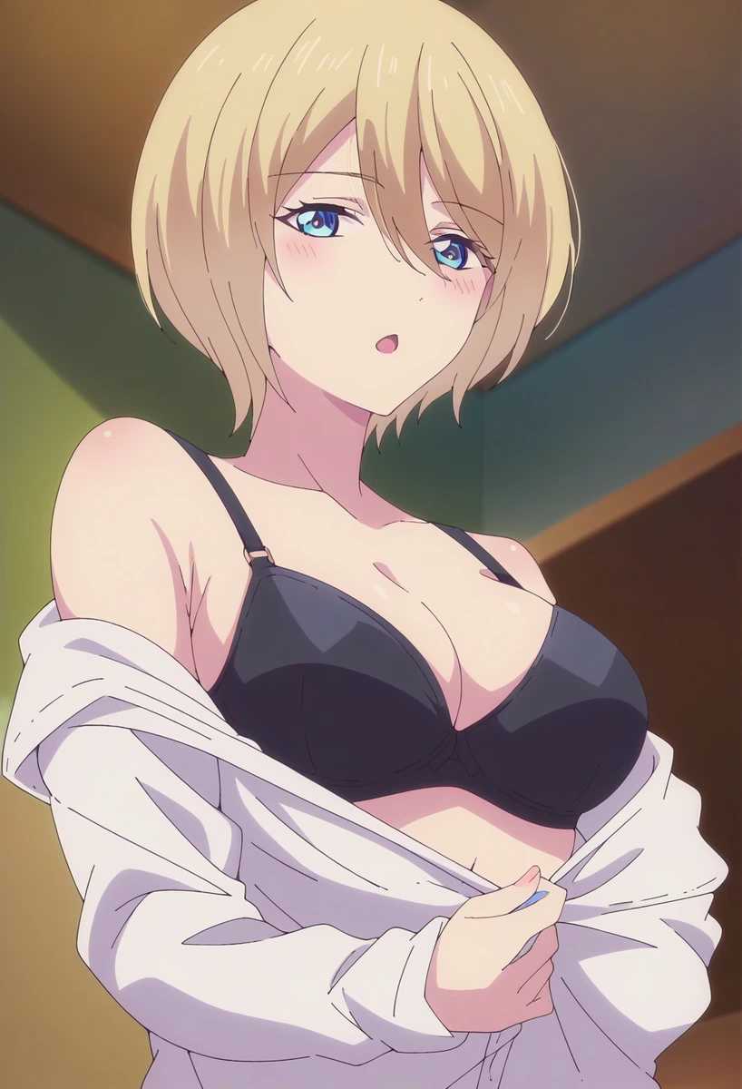 ai_generated bedroom black_bra blonde_hair hououji_akane megami_no_kafeterasu t-shirt underwear undressing